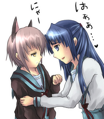 asakura ryoko, nagato yuki, suzumiya haruhi no yuuutsu, lowres, 00s, animal ears, blue eyes, blue hair, bow, brown eyes, cat ears, long hair, purple hair, school uniform, serafuku, short hair, skirt