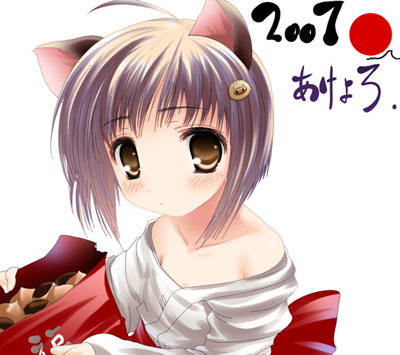 nagato yuki, suzumiya haruhi no yuuutsu, 00s, ahoge, brown eyes, flat chest, food, japanese clothes, miko, purple hair, short hair
