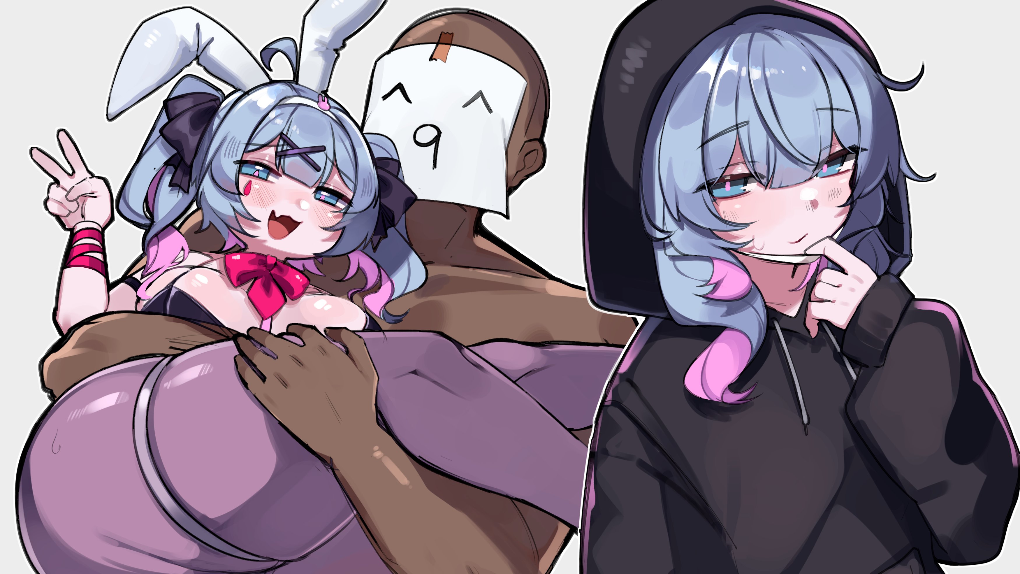 rayrie, hatsune miku, rabbit hole (vocaloid), vocaloid, 1boy, 1girl, animal ear hairband, animal ears, armband, ass, black hoodie, black leotard, black ribbon, blue eyes, blue hair, bow, bowtie, carrying, emoticon, faceless, faceless male, fake animal ears, fang, grey background, hair ornament, hair ribbon, hairband, hairclip, hood, hood up, hoodie, huge ass, leotard, mask, mask pull, medium hair, mouth mask, multicolored hair, multiple views, open mouth, pantyhose, pink hair, pink pupils, playboy bunny, princess carry, purple pantyhose, rabbit ear hairband, rabbit ears, rabbit hair ornament, ribbon, skin fang, skindentation, smile, standing, teardrop facial mark, thick thighs, thigh strap, thighs, twintails, v, white hairband, wrist wrap, x hair ornament