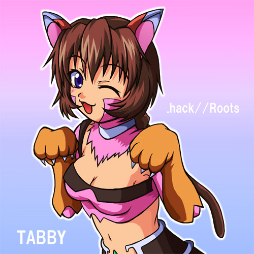 tabby, hack, lowres, :3, animal ears, blue eyes, blush, braid, cat ears, collar, gloves, hack roots, short hair
