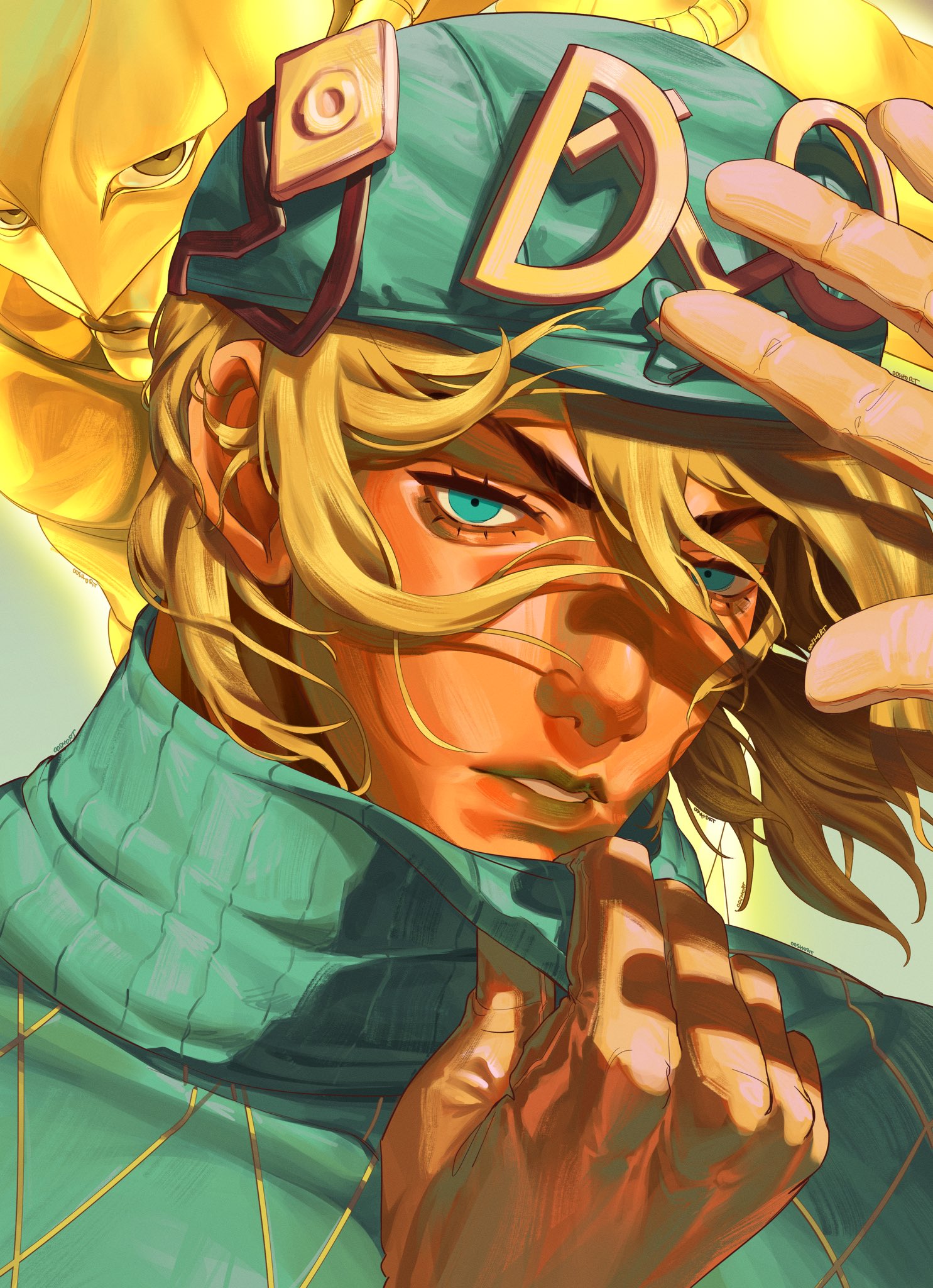 teashort1, diego brando, the world, jojo no kimyou na bouken, steel ball run, comic cover redraw, derivative work, hashtag-only commentary, highres, spoilers, 1boy, 1other, adjusting clothes, aqua eyes, aqua helmet, aqua sweater, argyle clothes, argyle sweater, blonde hair, brown gloves, colored skin, gloves, hair between eyes, hand up, helmet, lips, looking at viewer, male focus, medium hair, parted lips, portrait, solo, stand (jojo), sweater, turtleneck, turtleneck sweater, yellow helmet, yellow skin