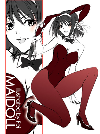 fei (maidoll), suzumiya haruhi, suzumiya haruhi no yuuutsu, 00s, 1girl, animal ears, bow, brown hair, collar, cuffs, fake animal ears, female focus, hair ribbon, hairband, high heels, leotard, monochrome, pantyhose, playboy bunny, rabbit ears, red theme, ribbon, shoes, short hair, solo, tongue