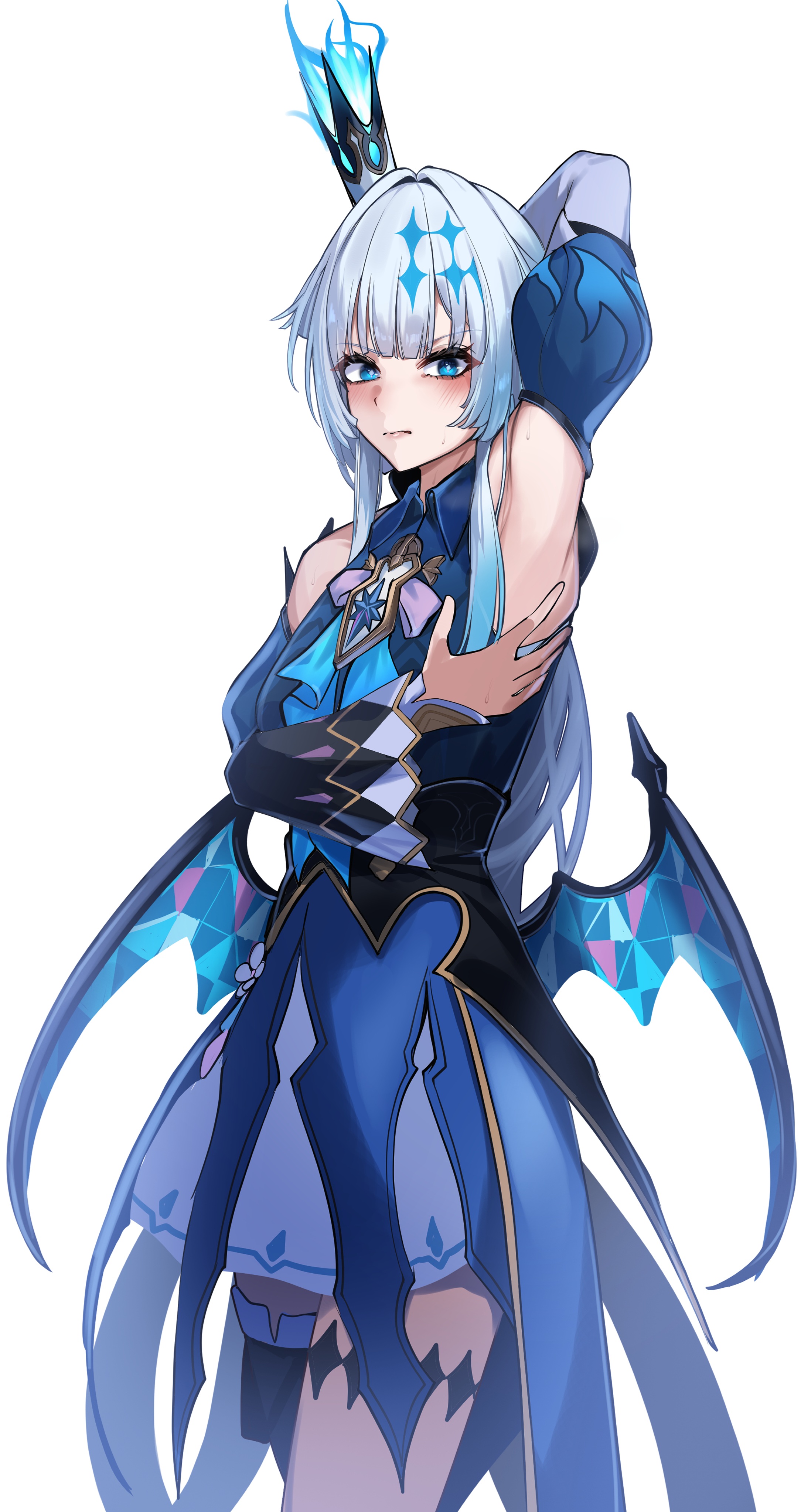 kamishiro noa, cerydra (honkai: star rail), honkai: star rail, honkai (series), absurdres, commentary request, highres, partial commentary, 1girl, arm behind head, arm up, armpits, bare shoulders, blue dress, blue eyes, blue hair, blush, breasts, closed mouth, collared dress, colored tips, crown, detached sleeves, dress, grey hair, hair intakes, long hair, long sleeves, looking at viewer, low wings, medium breasts, multicolored hair, presenting armpit, simple background, solo, white background, wings