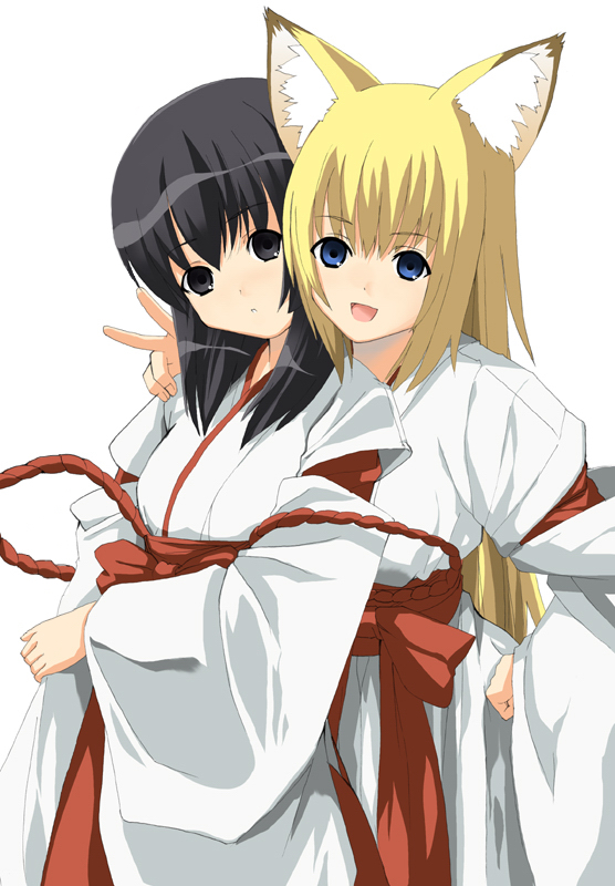 date (senpen), kou (wagaya), kou (wagaya no oinari-sama), tenko kuugen, wagaya no oinari-sama, 00s, 2girls, animal ears, black eyes, black hair, blonde hair, blue eyes, bow, fox ears, fox tail, hakama, hakama skirt, japanese clothes, long hair, miko, multiple girls, red hakama, short hair, skirt, tail