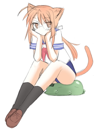 hasegawa chisame, mahou sensei negima!, 00s, animal ears, blush, brown hair, cat ears, cat tail, glasses, kneehighs, long hair, necktie, ponytail, red hair, school uniform, serafuku, socks, swimsuit, tail
