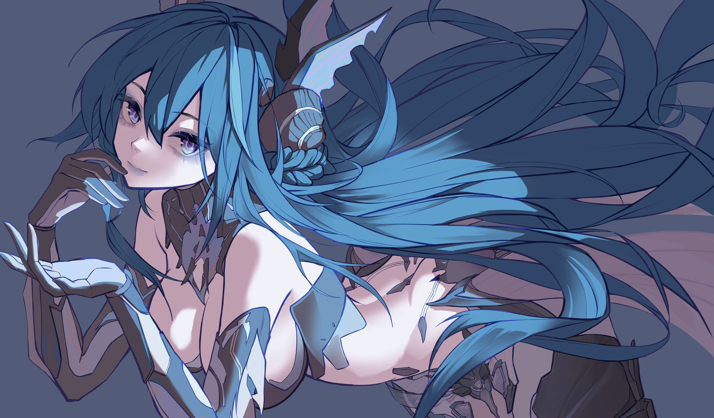 lamia: lost lullaby (pgr), lamia (pgr), punishing: gray raven, highres, 1girl, adhesive bra, ankle fins, aqua hair, ass, black bra, blue hair, bra, braid, breasts, fins, hair between eyes, head fins, large breasts, long hair, mechanical arms, mermaid, monster girl, purple eyes, purple lips, ringed eyes, shell hair ornament, solo, underwear, very long hair, whme2383