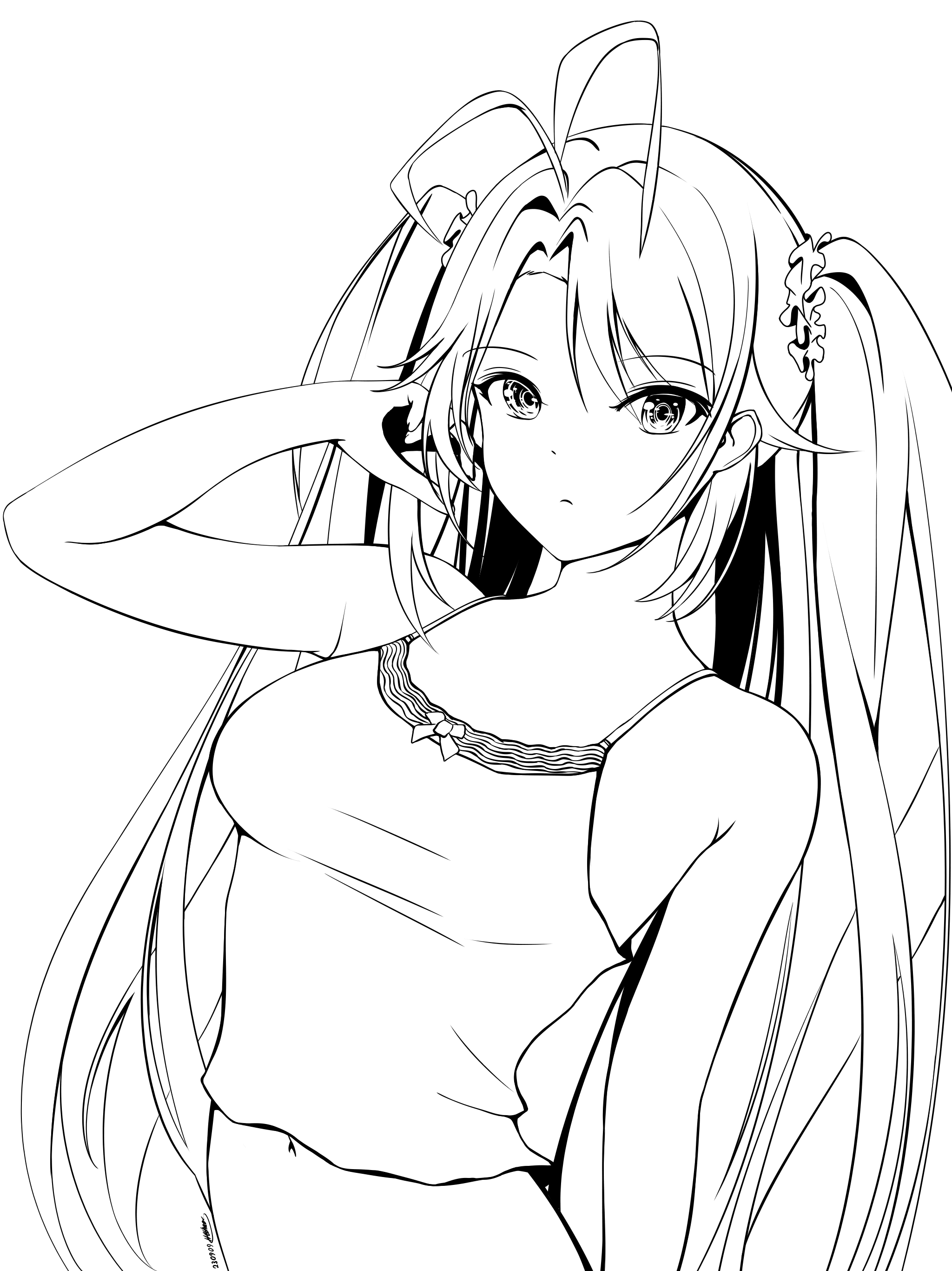 haiyoruchaos01, prinz eugen (azur lane), azur lane, absurdres, commentary, highres, 1girl, antenna hair, bare shoulders, breasts, camisole, hand in own hair, lineart, long hair, looking at viewer, medium breasts, multicolored hair, simple background, solo, upper body, very long hair, white background