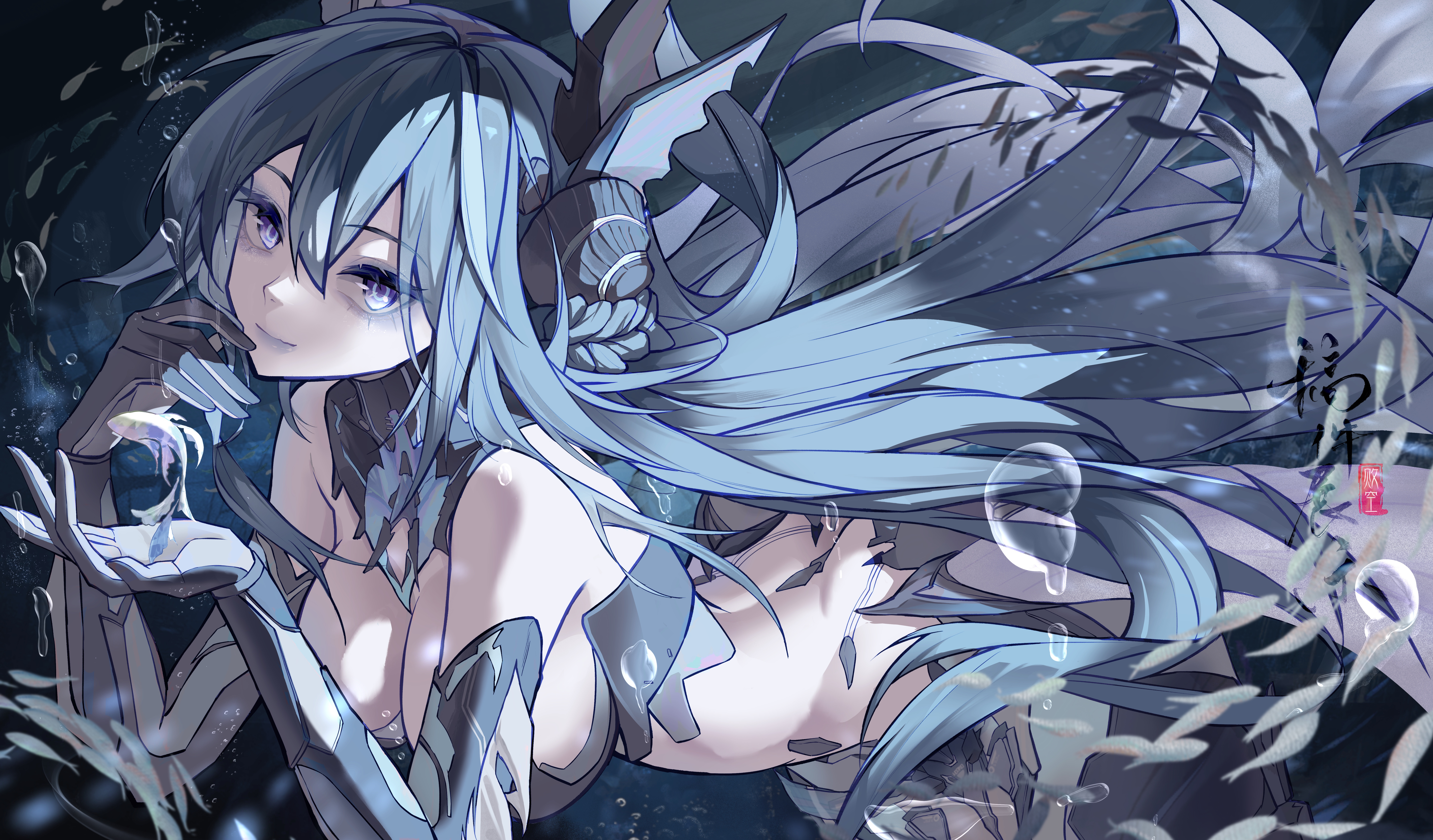 lamia: lost lullaby (pgr), lamia (pgr), punishing: gray raven, absurdres, highres, 1girl, adhesive bra, air bubble, ankle fins, aqua hair, ass, black bra, blue hair, bra, braid, breasts, bubble, fins, fish, hair between eyes, head fins, large breasts, long hair, mechanical arms, mermaid, monster girl, purple eyes, purple lips, ringed eyes, shell hair ornament, solo, underwater, underwear, very long hair, whme2383