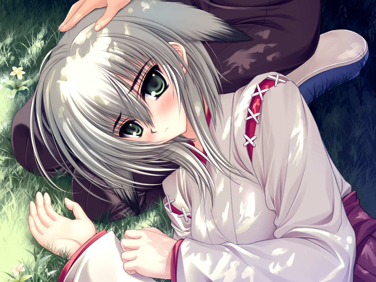 animal ears, blush, dog ears, green eyes, japanese clothes, lying, miko, short hair, white hair
