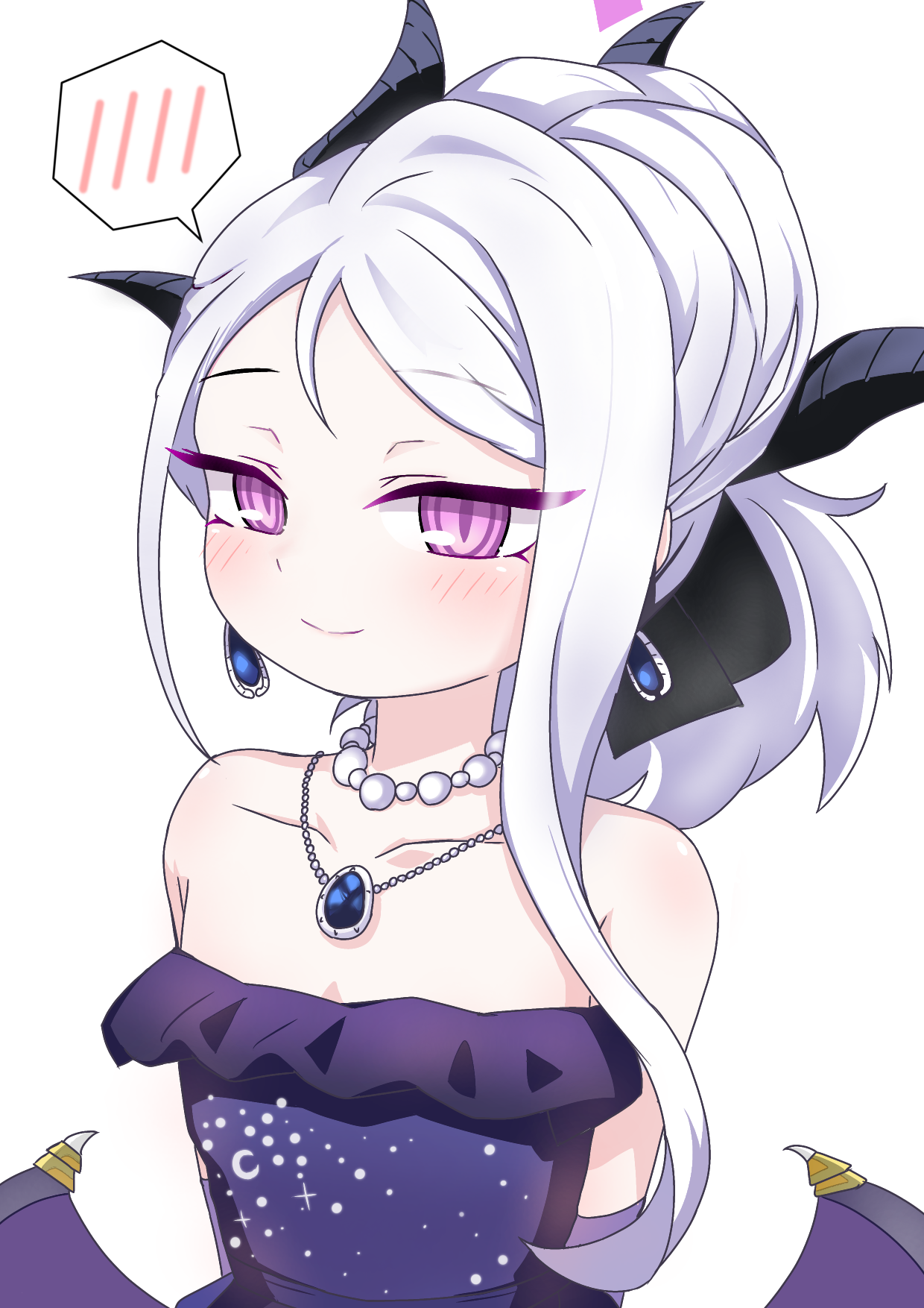 tomimon, hina (blue archive), hina (dress) (blue archive), blue archive, commentary request, highres, 1girl, bare shoulders, closed mouth, collarbone, dress, earrings, frilled dress, frills, horns, jewelry, long hair, looking at viewer, low wings, necklace, pearl necklace, pendant, pink eyes, purple dress, purple wings, simple background, smile, solo, spoken blush, strapless, strapless dress, white background, white hair, wings