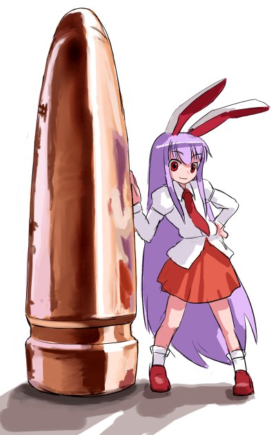 hirosato, reisen udongein inaba, touhou, 1girl, animal ears, bullet, female focus, hand on own hip, long hair, necktie, purple hair, rabbit ears, rabbit girl, red eyes, red necktie, shirt, simple background, skirt, socks, solo, very long hair, white background, white shirt, white socks