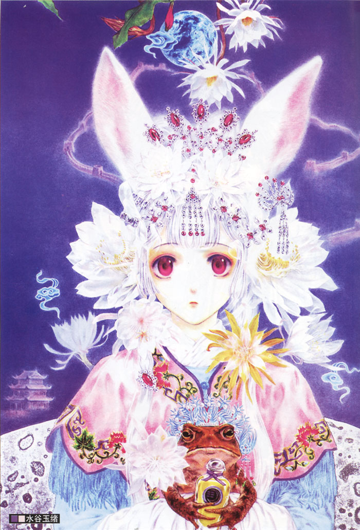animal ears, flower, frog, lotus, moon, rabbit ears, red eyes, short hair, white hair
