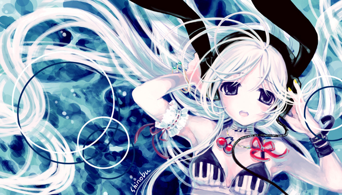 shinobu (ninin ga shinobuden), ahoge, animal ears, armband, bow, collar, cuffs, headphones, jewelry, long hair, necklace, purple eyes, rabbit ears, white hair