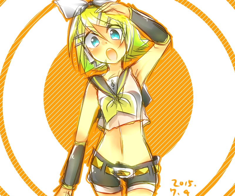 kagamine rin, vocaloid, artist request, 1girl, :o, aqua eyes, arm up, blonde hair, blush, bow, bow hairband, crop top, hair bow, hair ornament, hairband, hairclip, headphones, midriff, navel, open mouth, sailor collar, short hair, shorts