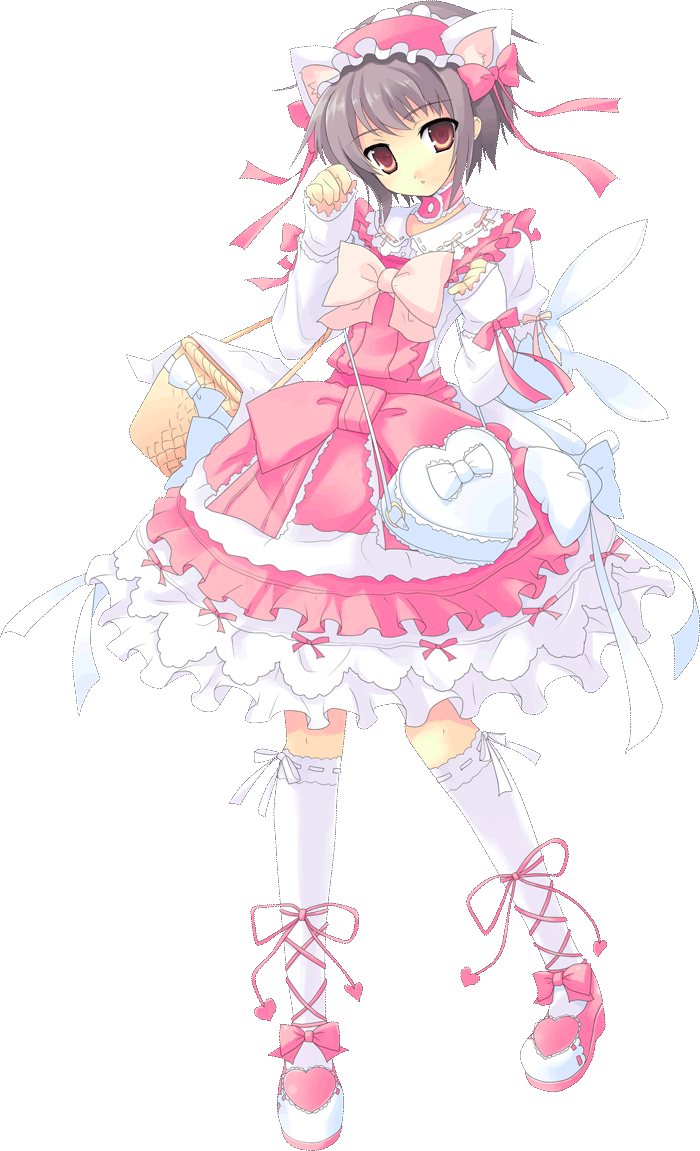 yoshiwo, nagato yuki, suzumiya haruhi no yuuutsu, 00s, 1girl, animal ears, bow, brown eyes, cat ears, dress, elbow carry, female focus, full body, grey hair, hair ribbon, hairband, kneehighs, lace, lolita fashion, lolita hairband, petticoat, pink shoes, purple hair, ribbon, shoes, short hair, socks, solo, stuffed animal, stuffed rabbit, stuffed toy, sweet lolita, transparent background, white socks