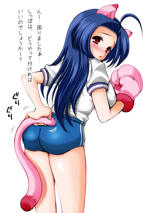 koari, miura azusa, idolmaster, idolmaster (classic), idolmaster 1, translated, 00s, 1girl, ahoge, animal ears, animal hands, ass, blush, breasts, buruma, cat ears, cat tail, double vertical stripe, female focus, gym uniform, long hair, looking back, paw gloves, simple background, solo, tail, underwear, when you see it, white background
