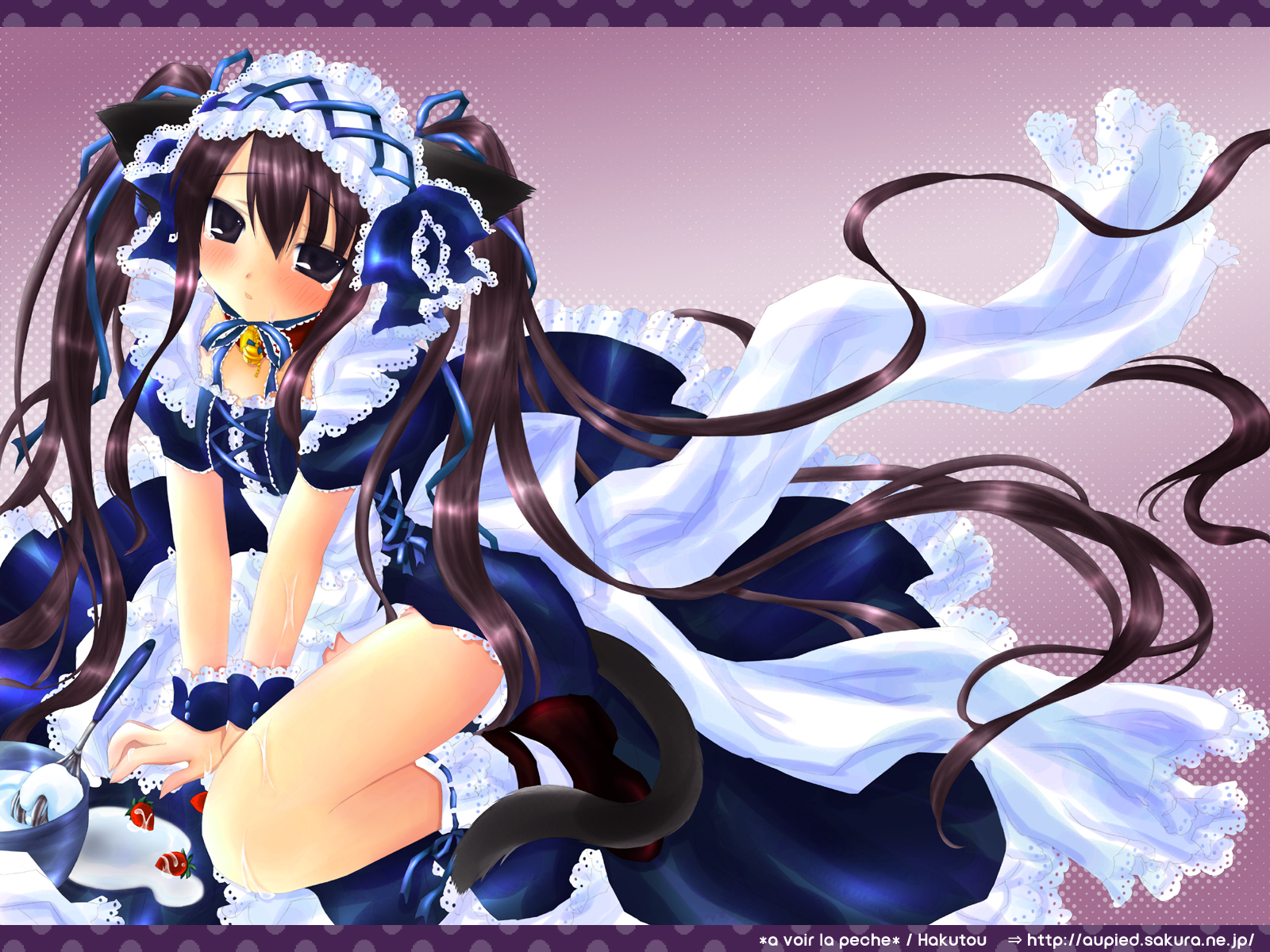 hakutou (au pied), highres, animal ears, blue hair, cat ears, lace, legs, long hair, maid, sad, solo, tears