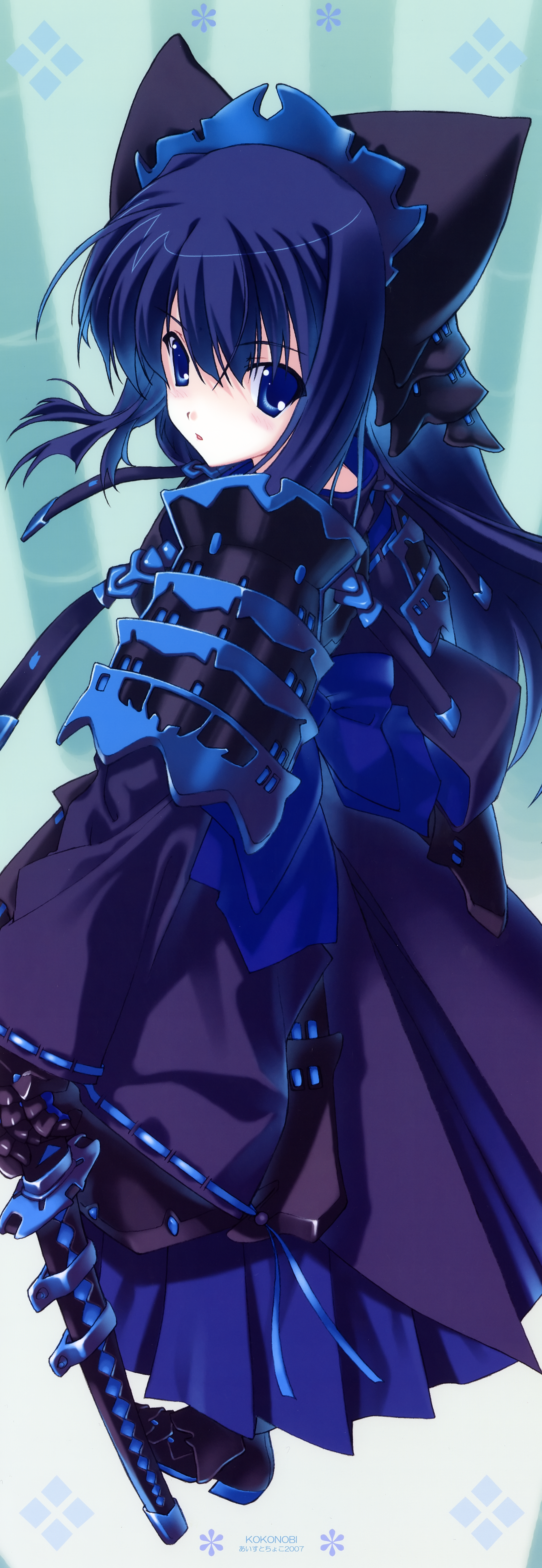 nanao naru, absurdres, highres, long image, tall image, animal ears, armor, blue eyes, blue hair, bow, cat ears, long hair, ribbon, sword, weapon