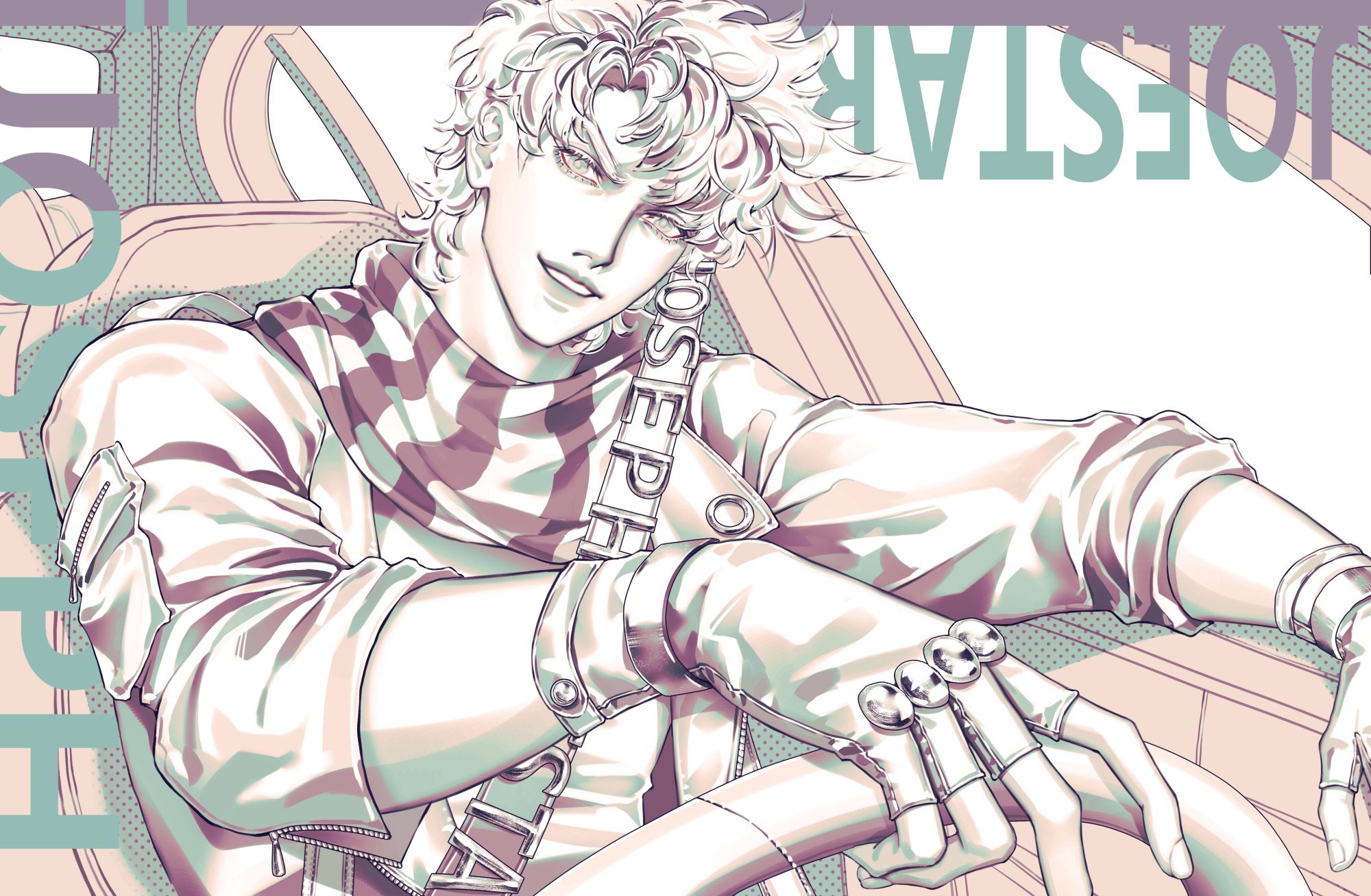 zhhy3324, joseph joestar, joseph joestar (young), battle tendency, jojo no kimyou na bouken, commentary, english commentary, highres, 1boy, character name, driving, fingerless gloves, gloves, halftone, jacket, leather, looking at viewer, male focus, monochrome, scarf, short hair, smile, solo, steering wheel, striped clothes, striped scarf, teeth, upper body