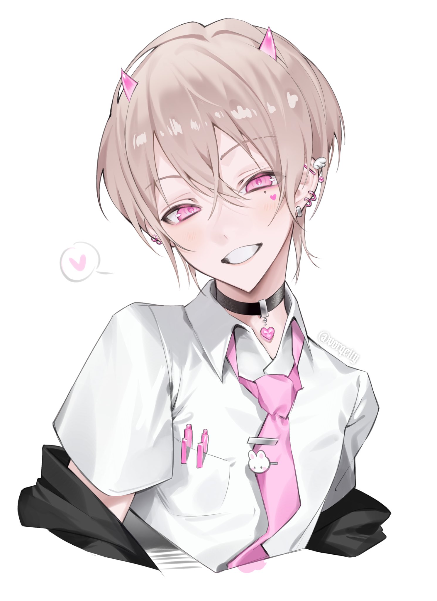 vorqcity, original, commentary, highres, 1boy, artist name, black choker, blonde hair, breast pocket, choker, collared shirt, cropped torso, crossed bangs, double-parted bangs, ear piercing, hair between eyes, heart, heart choker, horns, looking at viewer, male focus, necktie, parted lips, piercing, pink eyes, pink necktie, pocket, shirt, short hair, short sleeves, simple background, smile, solo, speech bubble, spoken heart, white background, white mouth, white shirt