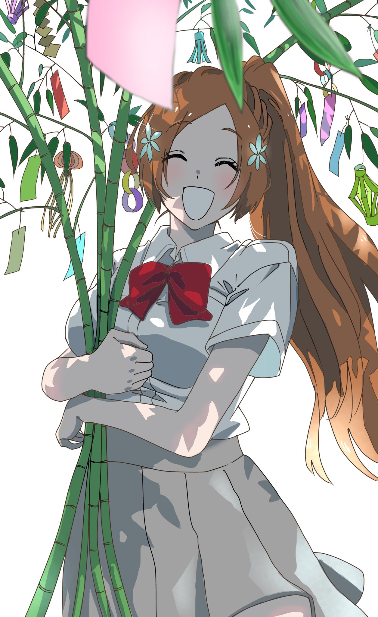 nil note0, inoue orihime, bleach, commentary, highres, 1girl, :d, ^ ^, alternate hairstyle, bamboo, blurry, blush, bow, bowtie, breasts, brown hair, closed eyes, collared shirt, cowboy shot, dappled sunlight, depth of field, facing viewer, glint, grey skirt, hair ornament, hairpin, happy, holding, holding plant, karakura high school uniform, large breasts, long hair, miniskirt, name connection, open mouth, parted bangs, plant, pleated skirt, ponytail, red bow, red bowtie, school uniform, shirt, short sleeves, sidelocks, simple background, skirt, smile, solo, sunlight, tanabata, tanzaku, very long hair, white background, white shirt