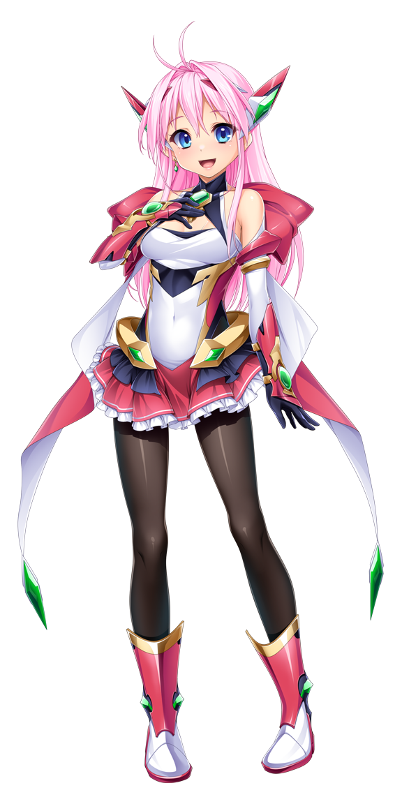 kamitsurugi ouka, aikawa haruno, exs-tia ignis, kouyoku senki exs-tia concert, game cg, large variant set, non-web source, official art, variant set, 1girl, :d, antenna hair, armor, bare shoulders, black gloves, black pantyhose, blue eyes, boots, breasts, chest jewel, cleavage, cleavage cutout, clothing cutout, covered navel, detached sleeves, earrings, elbow gloves, frilled skirt, frills, full body, gloves, hair between eyes, hand on own chest, headgear, jewelry, leotard, long hair, looking at viewer, magical girl, medium breasts, miniskirt, open mouth, pantyhose, pink hair, pleated skirt, red skirt, skirt, smile, solo, standing, tachi-e, transparent background