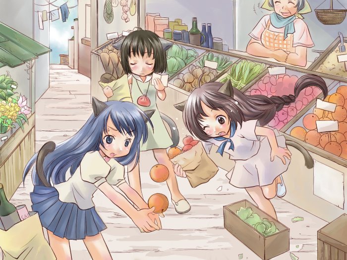 ahoge, animal ears, apple, black hair, blue eyes, blue hair, braid, brown eyes, brown hair, cat ears, dress, flat chest, flower, food, fruit, lettuce, long hair, orange (fruit), plait, shirt, short hair, skirt, white shirt