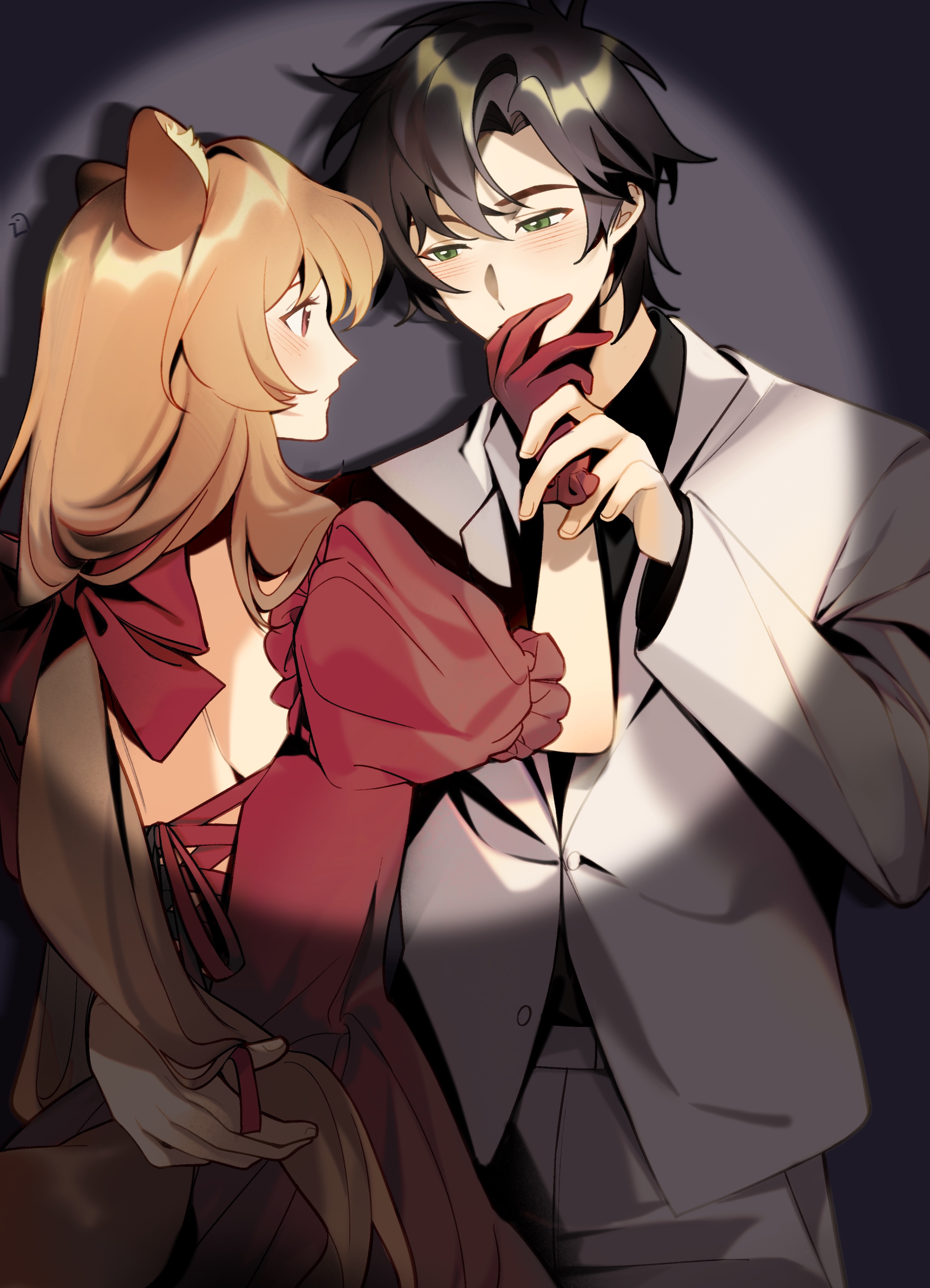 dice657523, iwatani naofumi, raphtalia, tate no yuusha no nariagari, absurdres, chinese commentary, commentary request, highres, 1boy, 1girl, alternate costume, backless dress, backless outfit, black hair, black shirt, blush, bow, brown hair, closed mouth, collared shirt, couple, dress, eyelashes, formal clothes, gloves, green eyes, grey background, hair bow, hair over shoulder, half-closed eyes, hetero, holding hands, jacket, long hair, looking at another, messy hair, pants, red bow, red dress, red eyes, red gloves, shirt, short dress, short hair, sidelocks, signature, spotlight, straight hair, suit, white jacket, white pants, white suit