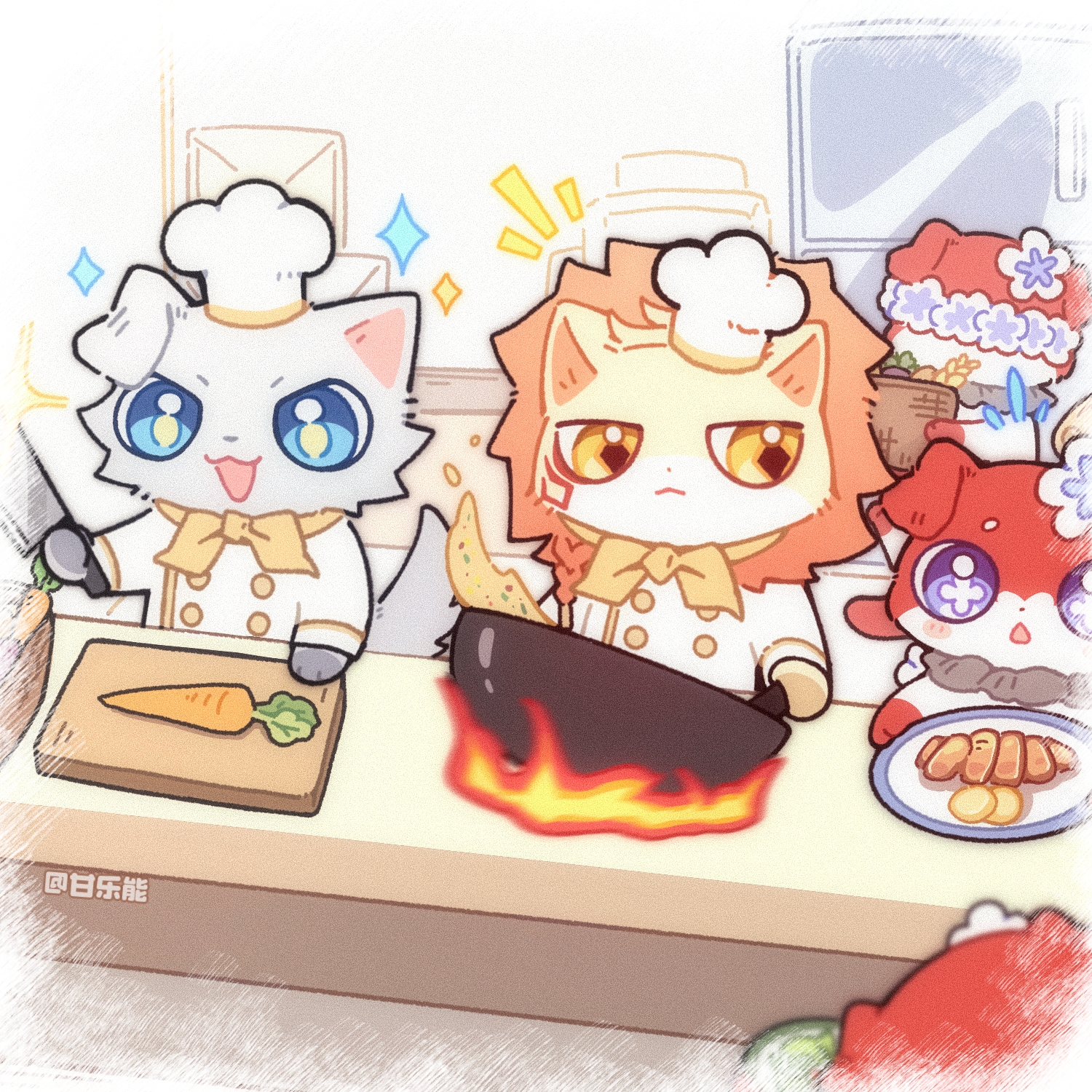 ganleneng, mydei (honkai: star rail), phainon (honkai: star rail), trianne (honkai: star rail), tribbie (honkai: star rail), trinnon (honkai: star rail), honkai: star rail, honkai (series), highres, 2boys, 3girls, artist name, basket, blue eyes, carrot, cat, chef hat, chibi, chibi only, cross-shaped pupils, facial tattoo, fire, flower, food, hair flower, hair ornament, hat, holding, holding basket, holding knife, indoors, knife, lion, mini chef hat, multiple boys, multiple girls, plate, red tattoo, refrigerator, symbol-shaped pupils, tattoo, white hat, wok, yellow eyes