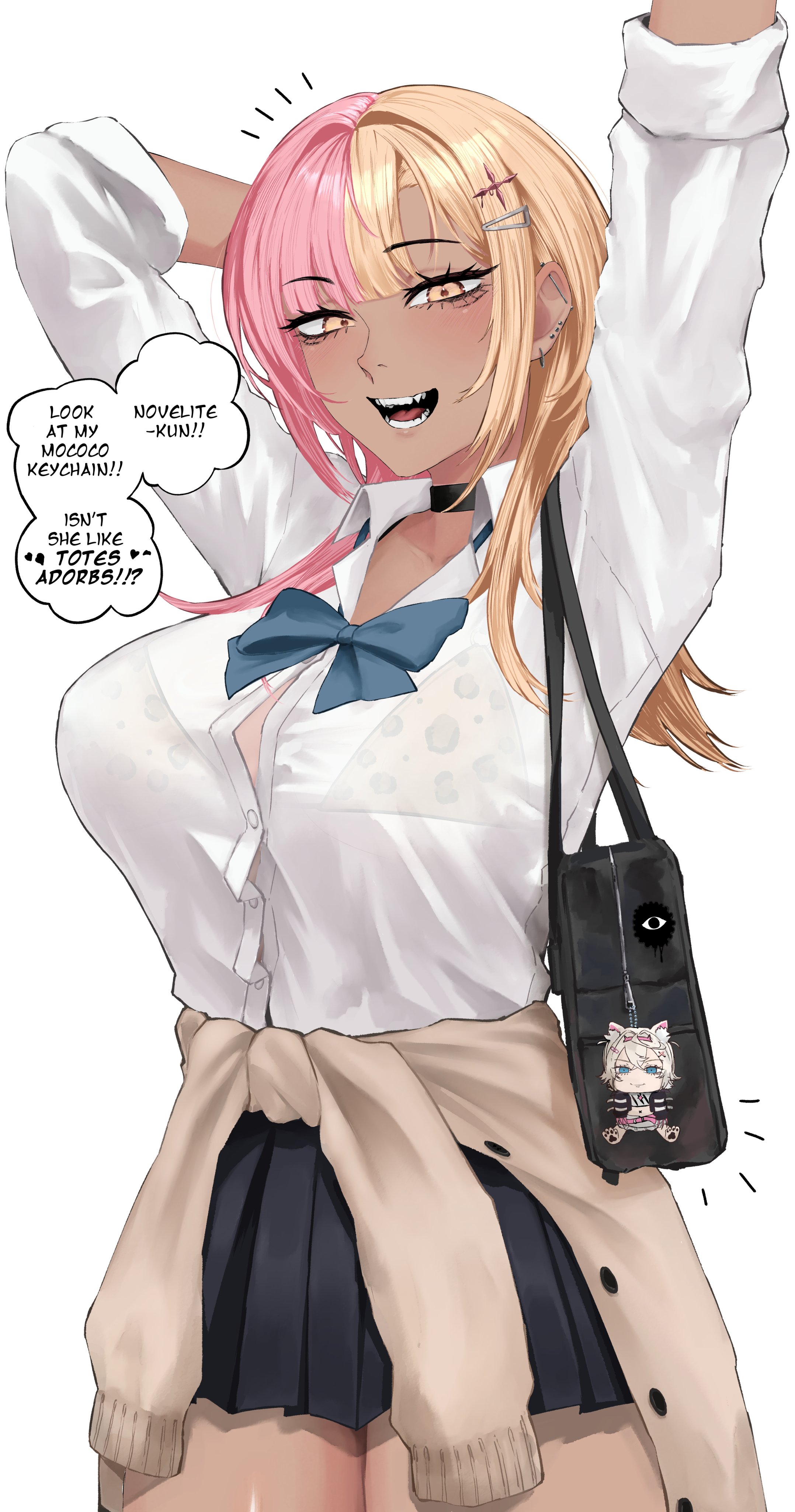 kizuru09, mococo abyssgard, shiori novella, hololive, hololive english, absurdres, highres, 1girl, animal ear fluff, animal ears, animal print, bag, bag charm, bandaid, bandaid hair ornament, belt, black choker, black collar, blonde hair, blue eyes, blue hair, blush, breasts, cardigan, cardigan around waist, character charm, charm (object), choker, cleavage, clothes around waist, collar, dark-skinned female, dark skin, dog ears, dog girl, dog tail, ear piercing, earrings, frilled shorts, frills, gyaru, hair ornament, hairband, headband, horn hairband, jewelry, kogal, large breasts, leopard print, leopard print bikini, long hair, looking at viewer, multicolored hair, open mouth, piercing, pink belt, pink eyes, pink hair, pink hairband, pink headband, pleated skirt, school uniform, scrunchie, shirt, shorts, simple background, skirt, smile, solo, spiked collar, spikes, split-color hair, streaked hair, tail, tan, two-tone hair, virtual youtuber, white shirt, x hair ornament, yellow eyes