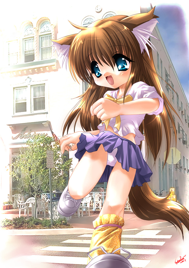 starfox (artist), popury, nymphclub, 1girl, ahoge, animal ears, blue eyes, bow, brown hair, cat ears, female focus, flat chest, kneehighs, loli, long hair, miniskirt, panties, pantyshot, shirt, shoes, skirt, sneakers, socks, solo, standing, underwear, upskirt, white shirt