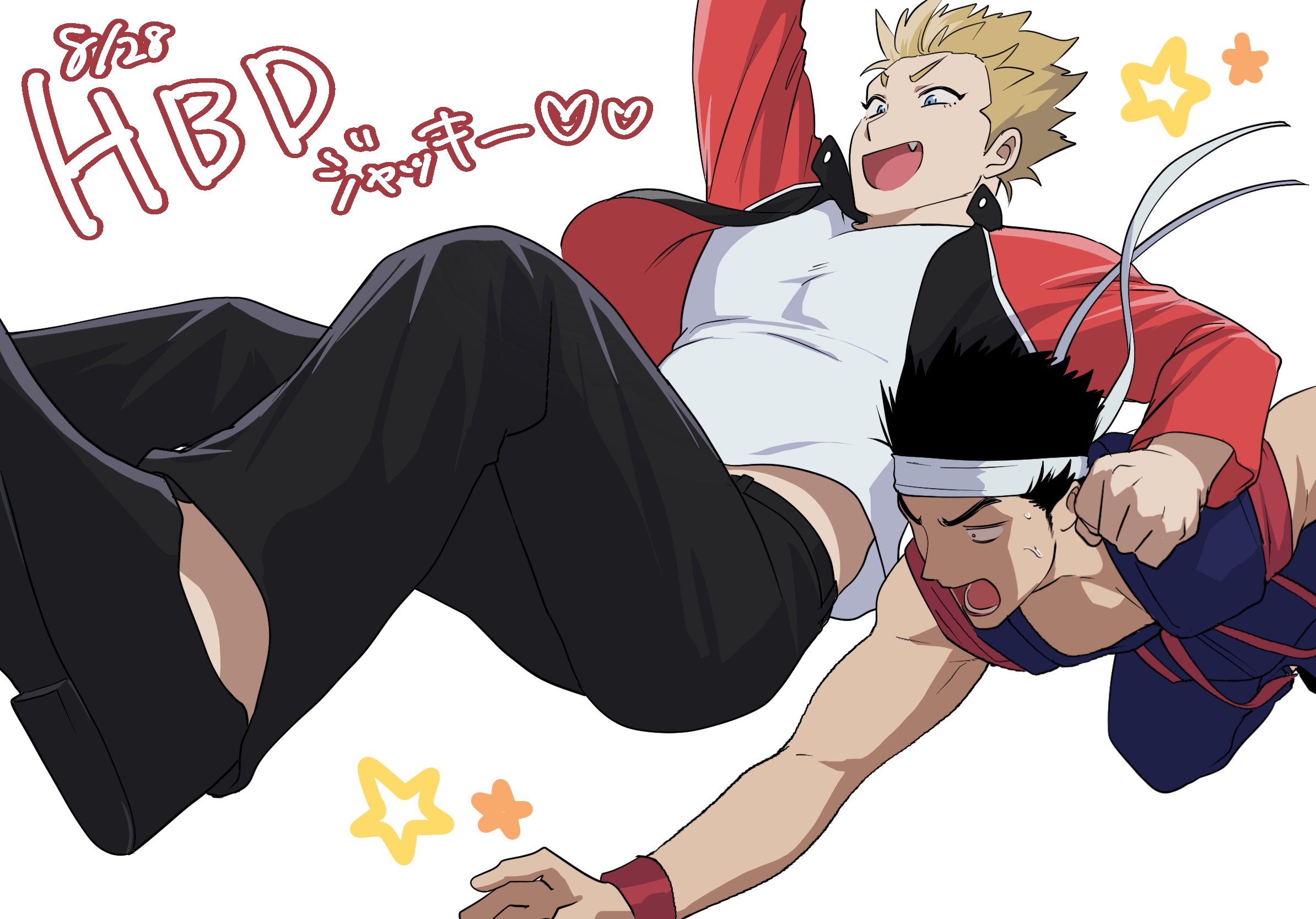 bitaro, jacky bryant, yuki akira, virtua fighter, highres, translation request, 2boys, arm around shoulder, arm up, belt, black hair, black pants, black shoes, blonde hair, blue dougi, blue eyes, clenched hand, dougi, fang, headband, jacket, jumping, letterman jacket, male focus, martial arts belt, multiple boys, muscular, muscular male, open clothes, open jacket, open mouth, pants, red belt, shirt, shoes, short hair, simple background, sleeveless, spiked hair, star (symbol), v-shaped eyebrows, white background, white headband, white shirt, wristband