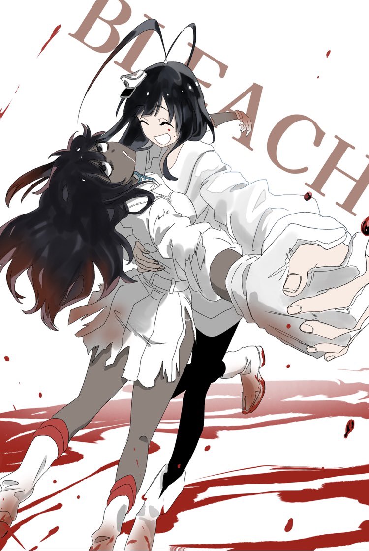 nil note0, bambietta basterbine, giselle gewelle, bleach, bleach: sennen kessen-hen, commentary, 1boy, 1girl, ^ ^, antenna hair, arm around waist, belt, black hair, black pantyhose, blood, blood drop, blood on face, blood splatter, blunt bangs, boots, closed eyes, copyright name, dancing, dark-skinned female, dark skin, dress, drooling, floating hair, foreshortening, full body, gloves, hair between eyes, happy, hat, head tilt, holding hands, hug, interlocked fingers, jacket, long hair, long sleeves, looking up, military uniform, mini hat, miniskirt, mouth drool, open mouth, pantyhose, parted lips, pleated skirt, rolling eyes, short dress, simple background, skirt, smile, standing, standing on one leg, torn clothes, torn skirt, trap, white background, white belt, white boots, white dress, white gloves, white jacket, white skirt, witch hat, zombie