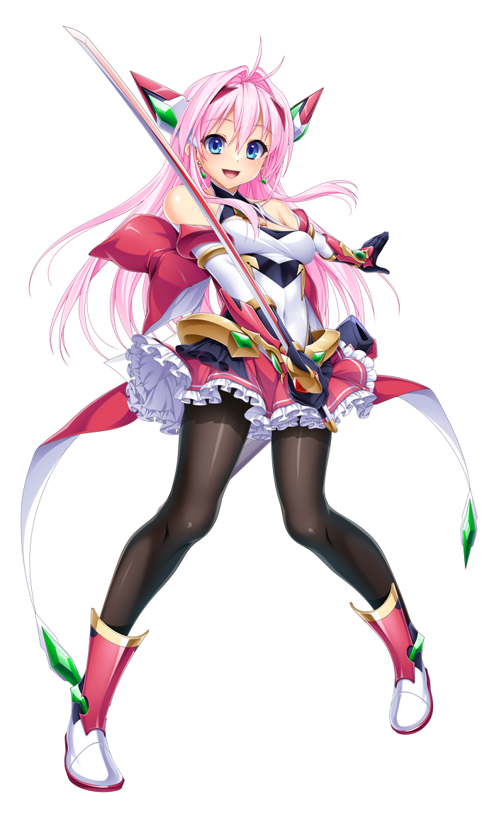 kamitsurugi ouka, aikawa haruno, exs-tia ignis, kouyoku senki exs-tia concert, game cg, large variant set, non-web source, official art, variant set, 1girl, :d, antenna hair, bare shoulders, black gloves, black pantyhose, blue eyes, blush, boots, bow, breasts, chest jewel, clothing cutout, covered navel, earrings, elbow gloves, frilled skirt, frills, full body, gloves, hair intakes, hair ornament, hairband, headgear, holding, holding sword, holding weapon, jewelry, legs apart, leotard, long hair, looking at viewer, magical girl, medium breasts, miniskirt, open mouth, outstretched arm, pantyhose, pink hair, pink skirt, pleated skirt, shiny clothes, skirt, smile, solo, standing, sword, transparent background, weapon