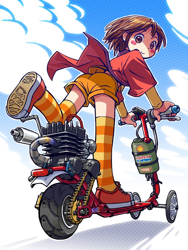 original, 1girl, blue sky, blush stickers, full body, looking at viewer, motor vehicle, motorcycle, oi-chan(pixiv), on scooter, short shorts, shorts, sky, striped clothes, striped thighhighs, thighhighs, zettai ryouiki