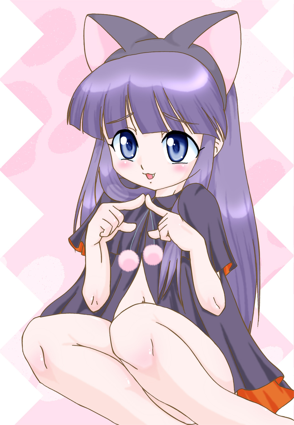 hazuki (tsukuyomi), tsukuyomi moonphase, highres, 00s, 1girl, animal ears, blue eyes, blush, cape, cat ears, fang, female focus, flat chest, loli, long hair, no panties, purple hair, solo