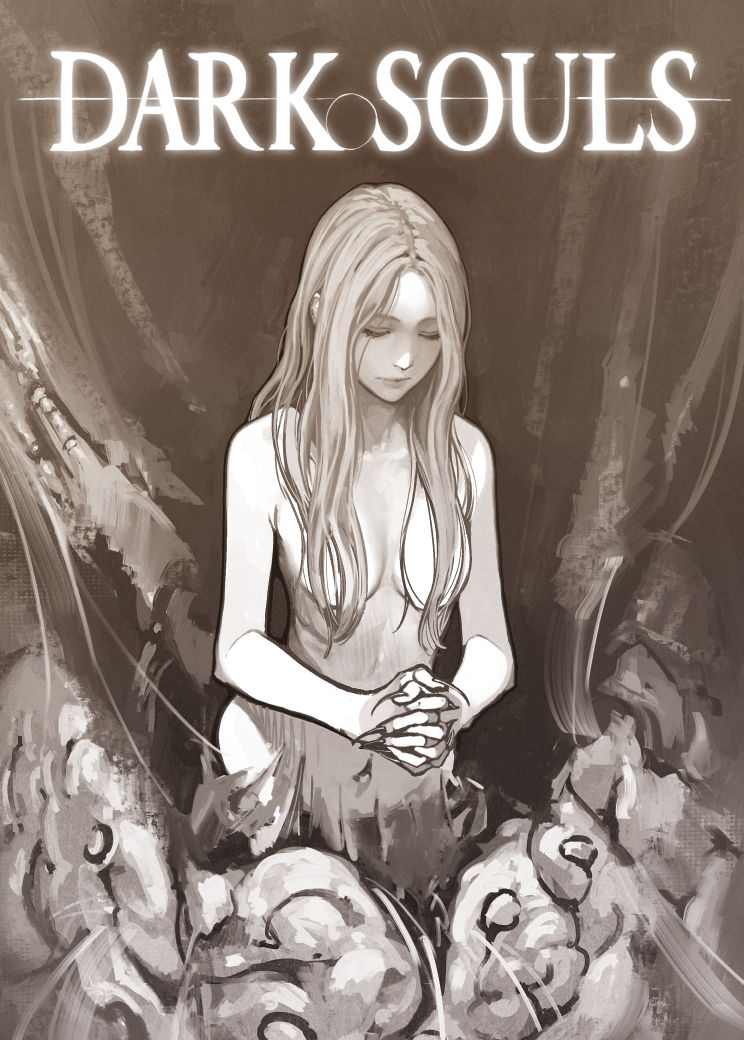 hidari (left side), filianore (dark souls), dark souls (series), 1girl, breasts, closed eyes, closed mouth, copyright name, greyscale, lips, long hair, monochrome, solo, very long hair