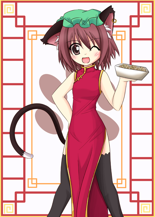 makino (ukiuo), chen, touhou, 1girl, animal ears, black thighhighs, blush, brown eyes, brown hair, cat ears, cat girl, cat tail, china dress, chinese clothes, cookie, dress, earrings, female focus, food, hat, jewelry, one eye closed, paw print, short hair, solo, tail, thighhighs, wink