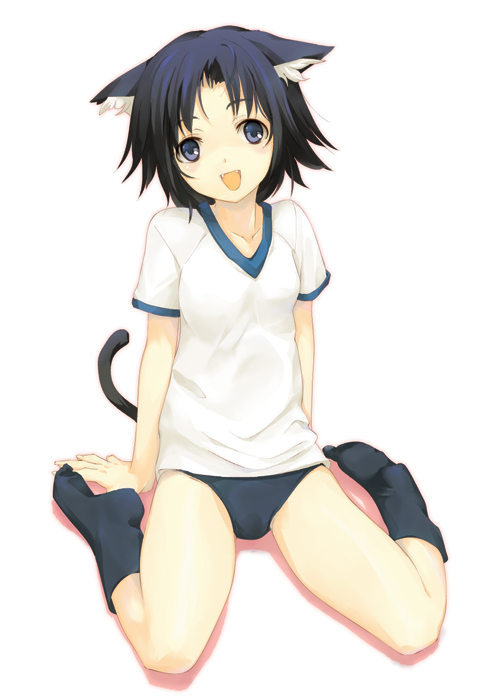 dasoku sentarou, original, 1girl, animal ears, arm support, black hair, blue eyes, blue hair, blush, buruma, cat ears, cat tail, fangs, female focus, gradient hair, gym uniform, kneeling, matching hair/eyes, multicolored hair, short hair, simple background, sitting, smile, socks, solo, tail, wariza