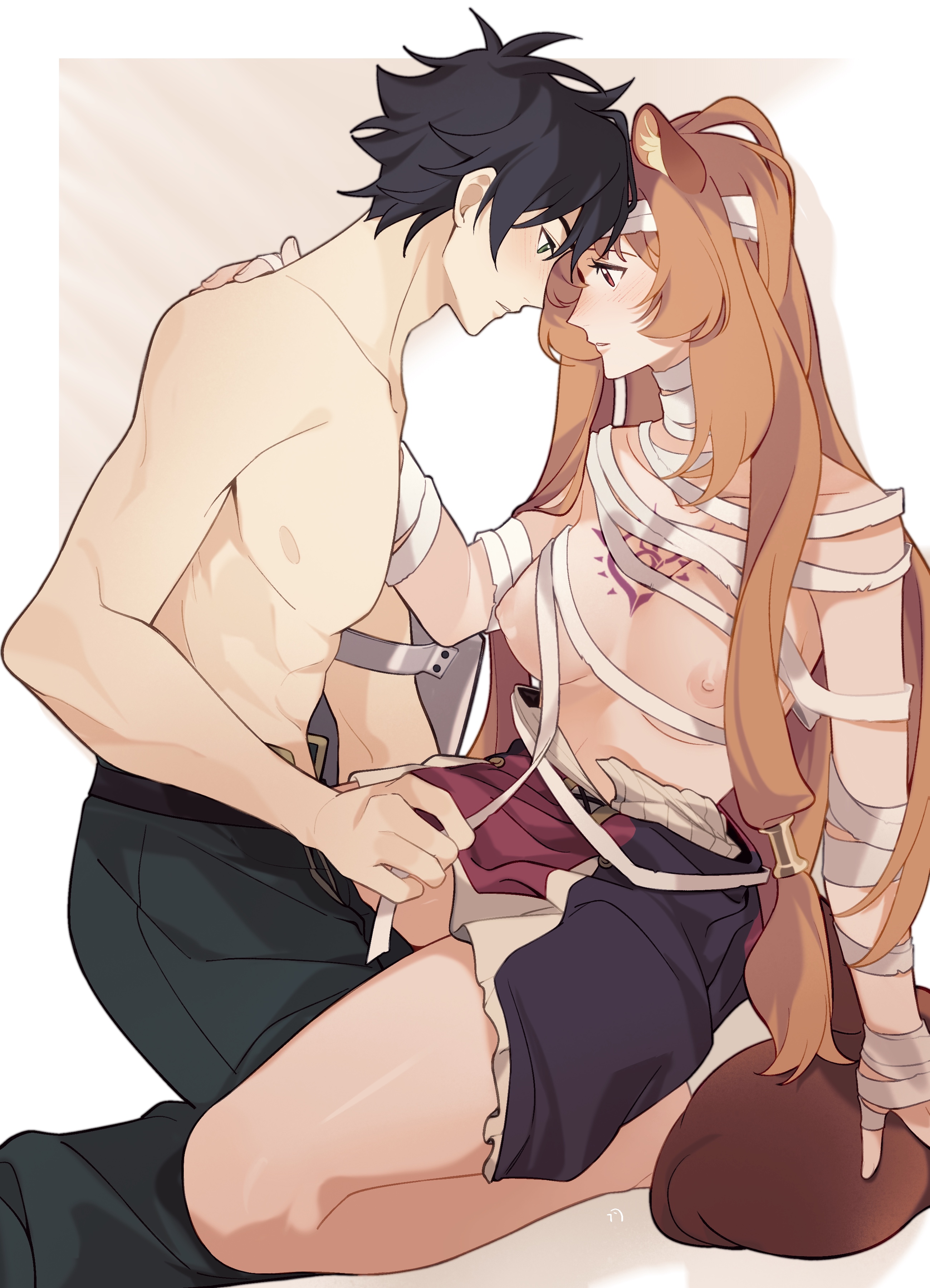 dice657523, iwatani naofumi, raphtalia, tate no yuusha no nariagari, absurdres, chinese commentary, commentary, commentary request, english commentary, highres, mixed-language commentary, 1boy, 1girl, applying bandages, bandaged arm, bandaged chest, bandaged head, bandaged neck, bandaged torso, bandages, bare legs, bare shoulders, black dress, black hair, blush, border, breasts, brown hair, chest tattoo, collarbone, couple, dress, green eyes, green pants, hand on another's back, hetero, kneeling, long hair, looking at another, looking down, medium breasts, messy hair, metal hair tubes, nipples, no shirt, outside border, pants, parted lips, partially undressed, pink background, pinstripe dress, pinstripe pattern, red dress, red eyes, short hair, signature, slave brand, straight hair, tattoo, thighs, toned, toned male, two-tone dress, white border, white dress
