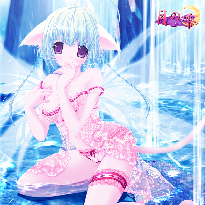 higuchi norie, original, 1girl, ahoge, animal ears, blue hair, cat ears, cat tail, female focus, frilled thigh strap, lace, lacy, lingerie, nightgown, panties, purple eyes, see-through clothes, short hair, solo, tail, thigh strap, underwear, wings