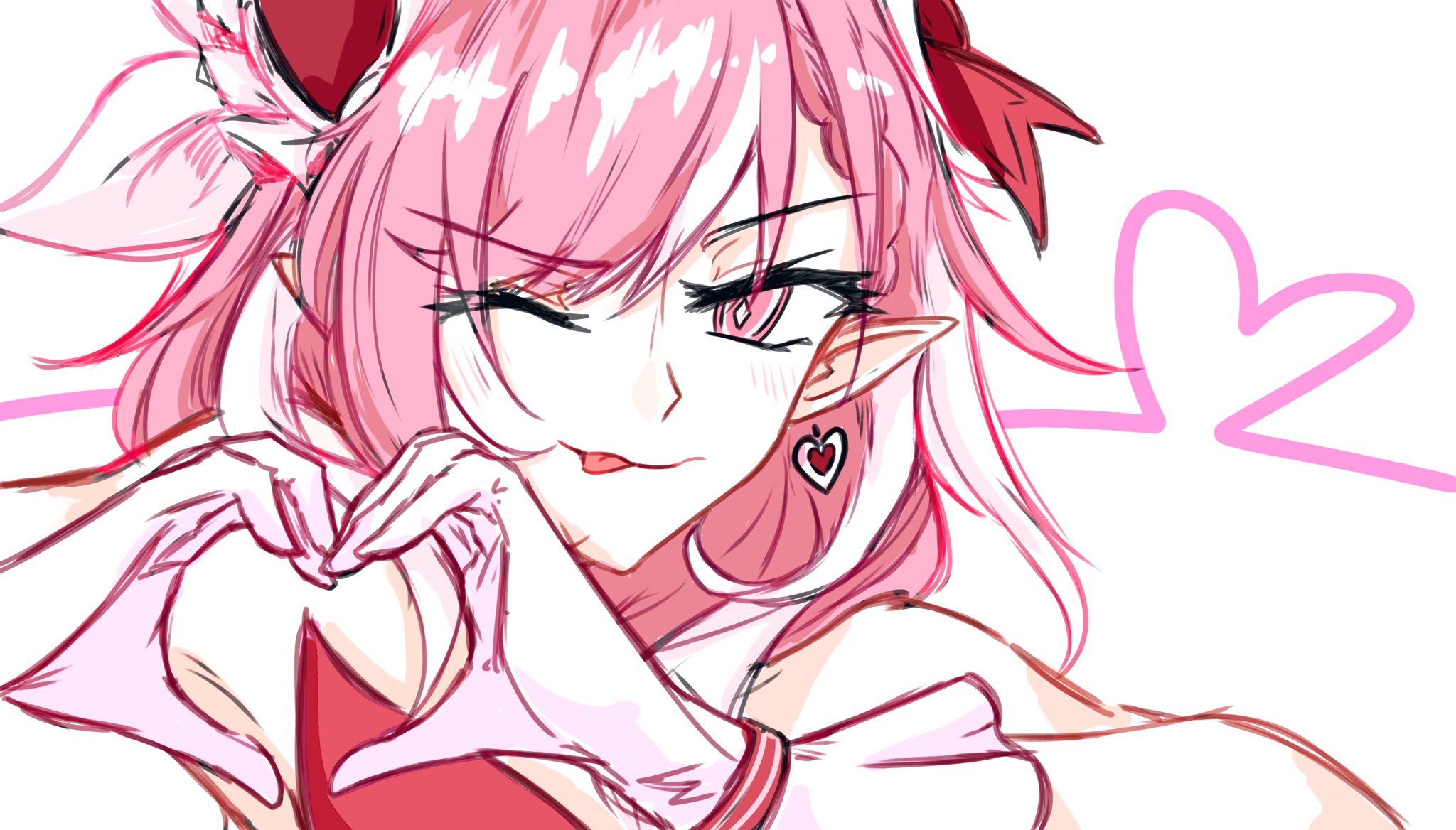 utsukorotosh, elysia (honkai impact), honkai (series), honkai impact 3rd, commentary, highres, 1girl, diamond-shaped pupils, diamond (shape), dress, earrings, elf, elysia (hi elf of love) (honkai impact), gloves, heart, heart earrings, heart hands, jewelry, long hair, multicolored hair, pink hair, pointy ears, purple eyes, red dress, solo, symbol-shaped pupils, two-tone hair, white background, white gloves, white hair