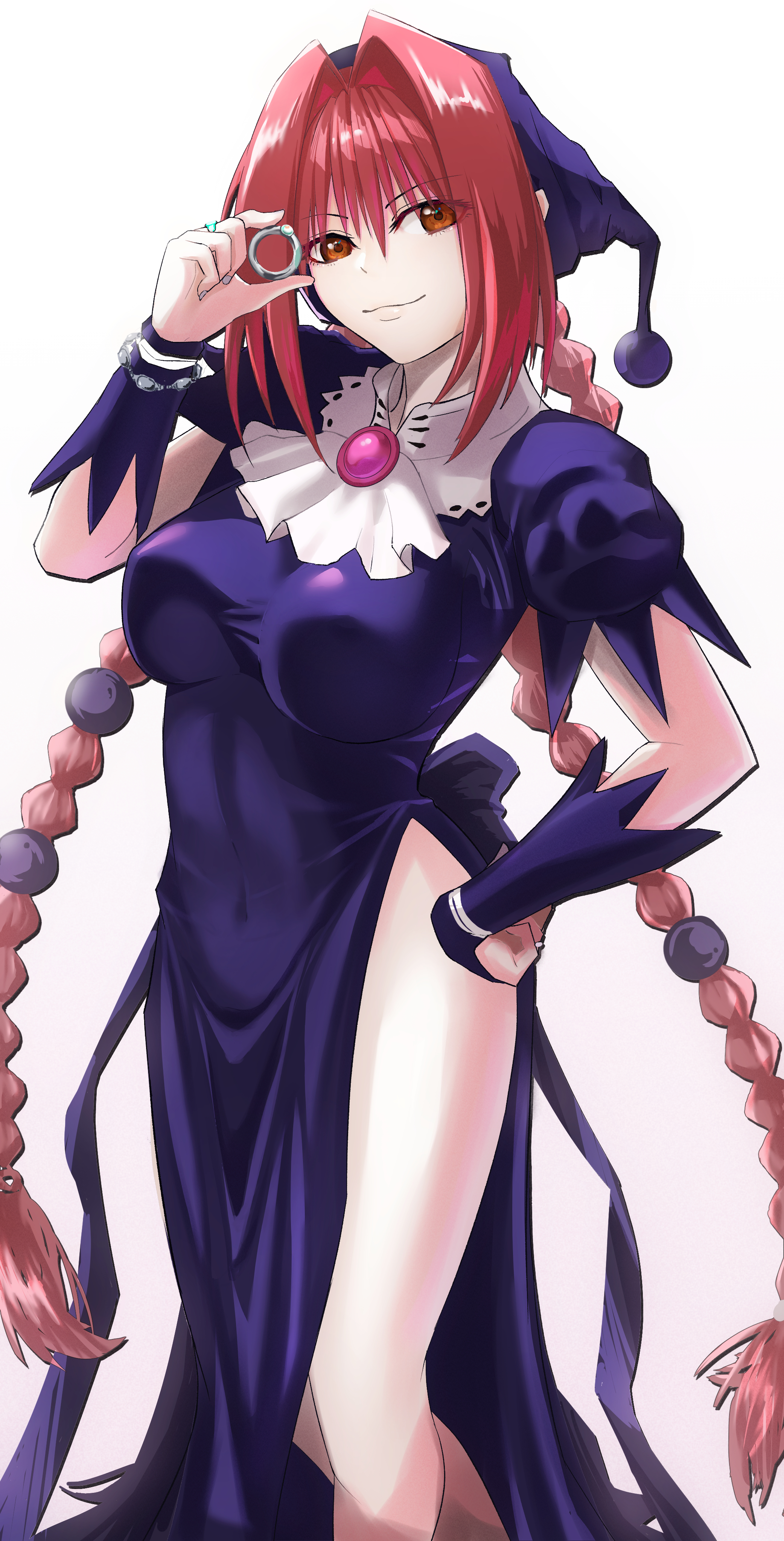 kugiseiichi, dorothy (marchen awakens romance), marchen awakens romance, absurdres, highres, 1girl, black dress, braid, breasts, closed mouth, covered navel, dress, hat, lips, long hair, looking at viewer, pink hair, simple background, smile, solo, twin braids, white background