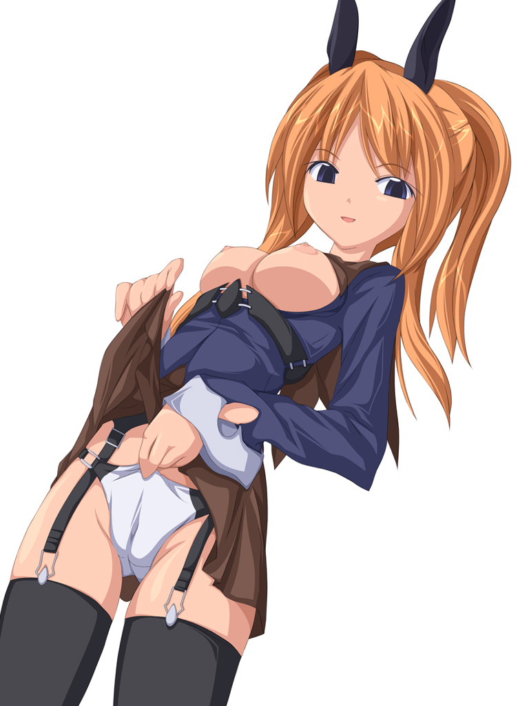 koku, 1girl, blue eyes, breasts, cameltoe, clothes lift, female focus, garter belt, large breasts, panties, ponytail, rabbit girl, red hair, skirt, skirt lift, solo, thighhighs, underwear