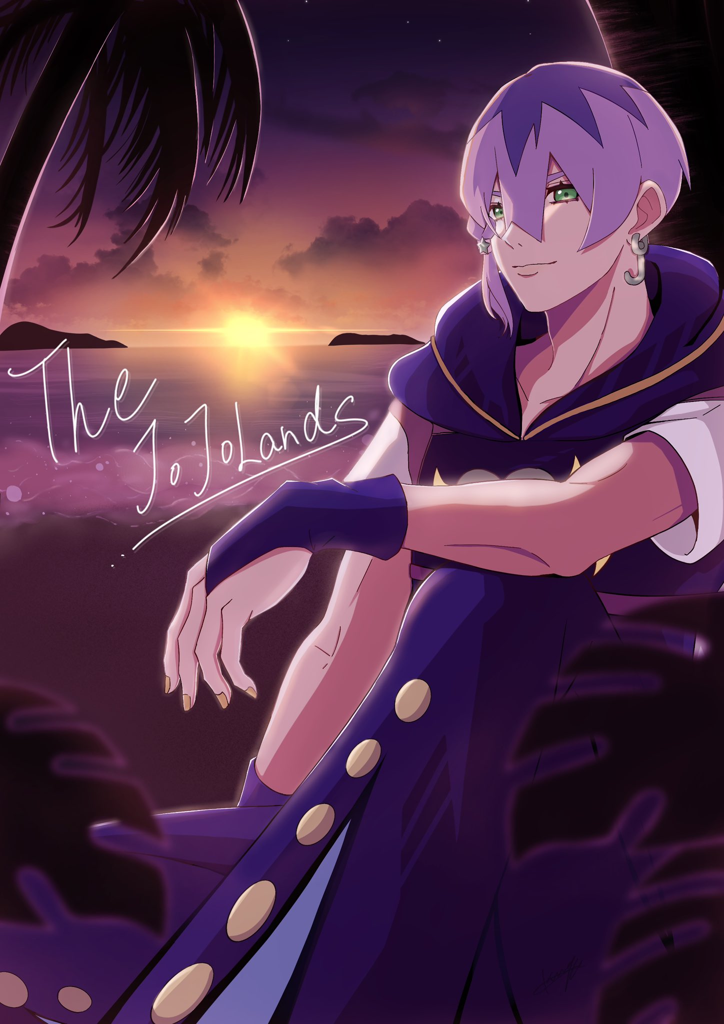 r rist, jodio joestar, jojo no kimyou na bouken, the jojolands, highres, 1boy, beach, bell-bottoms, blue bridal gauntlets, blue overalls, braid, bridal gauntlets, closed mouth, cloud, earrings, english text, green eyes, hair between eyes, hair ornament, hood, hood down, hooded overalls, jewelry, long bangs, looking at viewer, male focus, multicolored hair, nail polish, ocean, outdoors, overalls, palm tree, pants, purple hair, shirt, shore, short hair, short sleeves, side braid, sitting, sky, smile, solo, star (symbol), star hair ornament, sunset, tree, twilight, two-tone hair, white shirt, yellow nails