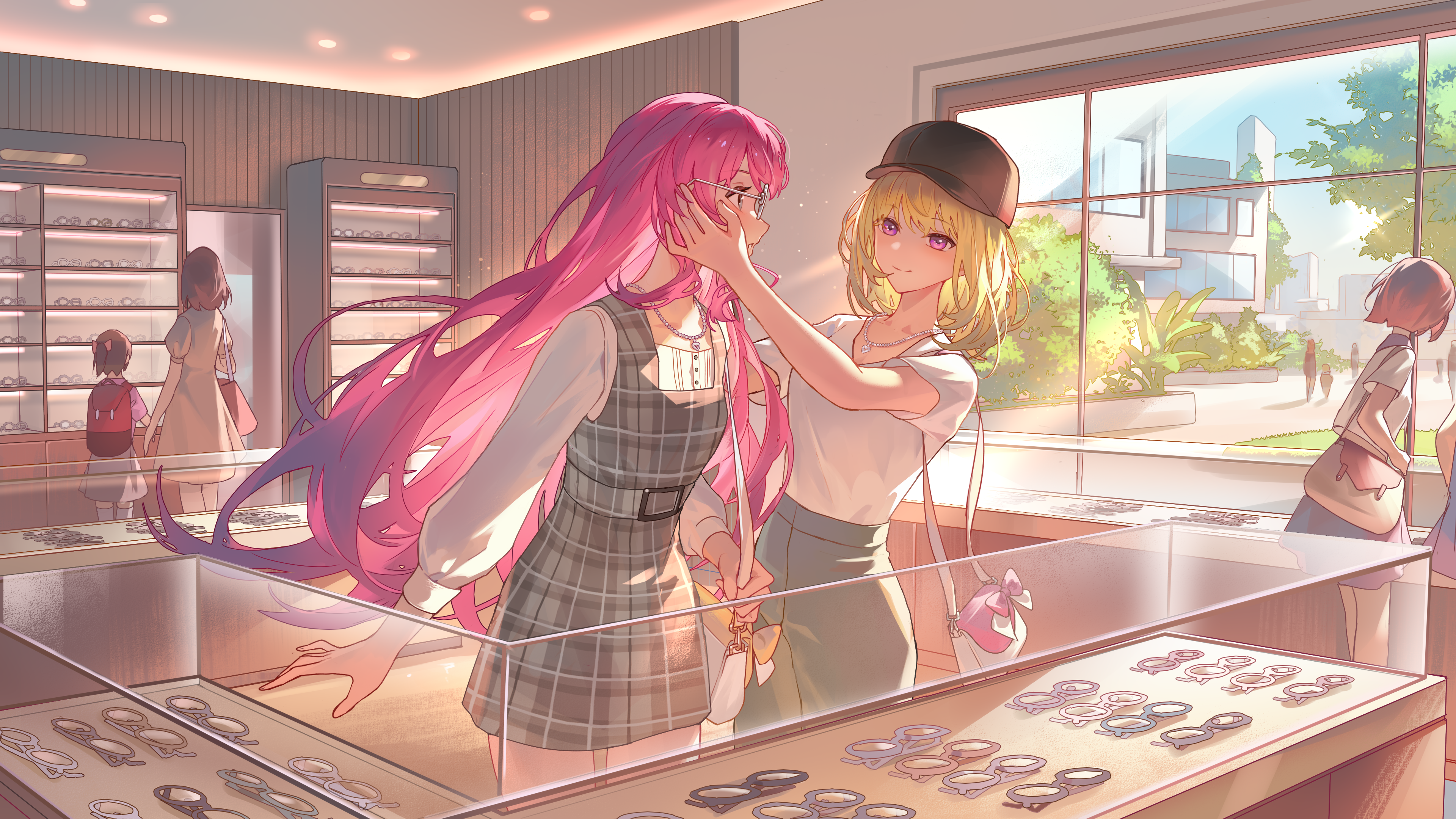acr (dash), chihaya anon, misumi uika, bang dream!, bang dream! it's mygo!!!!!, absurdres, chinese commentary, commentary request, commission, highres, second-party source, 4others, 5girls, adjusting another's eyewear, bag, baseball cap, black hat, blonde hair, day, display case, dress, eye contact, glasses, grey dress, grey skirt, hat, indoors, jewelry, light blush, looking at another, multiple girls, multiple others, necklace, pinafore dress, pink hair, plaid clothes, plaid dress, purple eyes, shirt, shirt tucked in, shoulder bag, skirt, sleeveless, sleeveless dress, t-shirt, white shirt, window