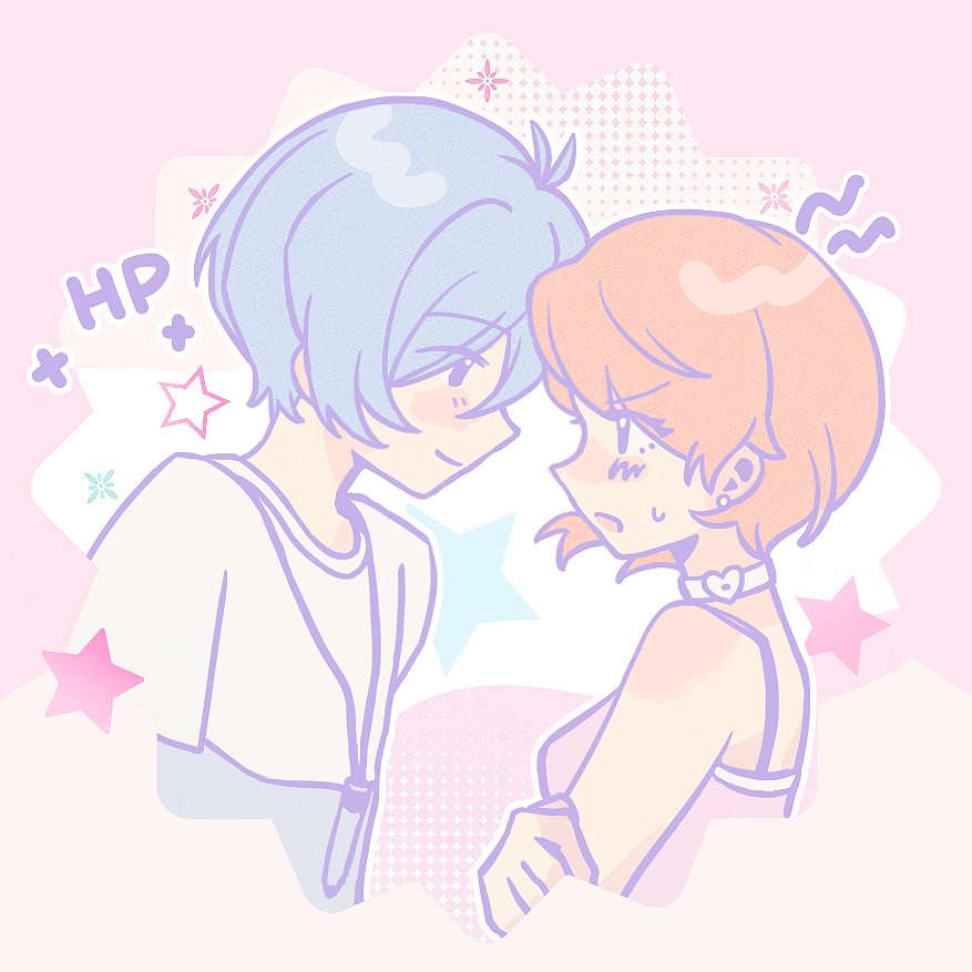 abcd0060, takeba yukari, yuuki makoto (persona 3), persona, persona 3, persona 3 reload, chinese commentary, commentary request, 1boy, 1girl, bare shoulders, blue hair, blush, blush stickers, breasts, brown hair, camisole, choker, closed mouth, crossed arms, digital media player, earrings, eye contact, from side, heart, heart choker, jewelry, looking at another, medium breasts, official alternate costume, pearl earrings, pink camisole, profile, shirt, short hair, smile, spaghetti strap, sparkle, star (symbol), stud earrings, sweatdrop, upper body, white choker, white shirt