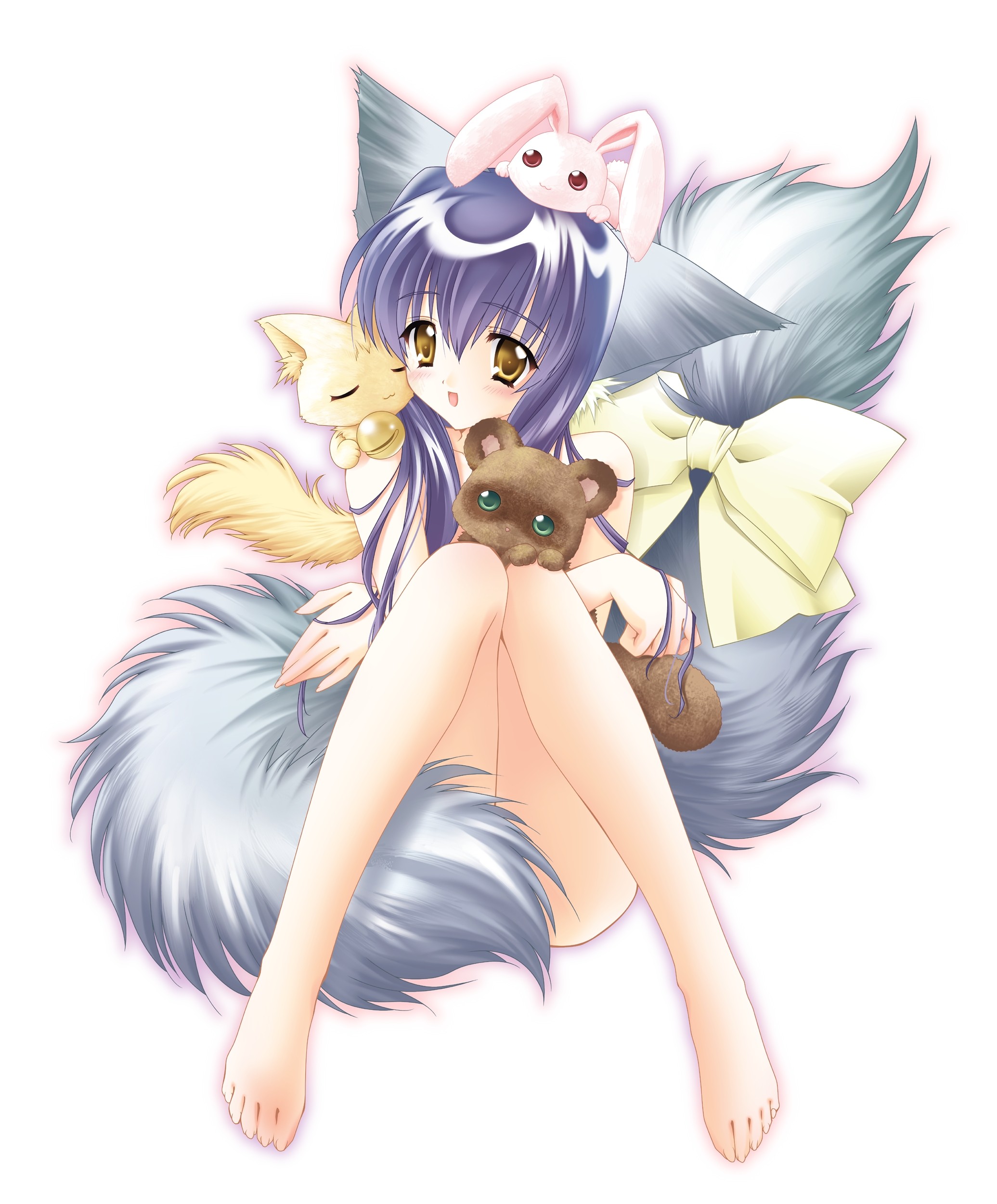 carnelian, koma, louis&visee, iori (tail tale), koma (tail tale), min (tail tale), soro (tail tale), tail tale, absurdres, highres, 1girl, animal, animal ears, barefoot, bell, blue hair, blush, bow, censored, convenient censoring, covering crotch, covering privates, crossed arms, feet, female focus, fox, fox ears, jingle bell, long hair, multiple tails, nude, object on head, purple hair, rabbit, raccoon, sitting, solo, tail, yellow eyes