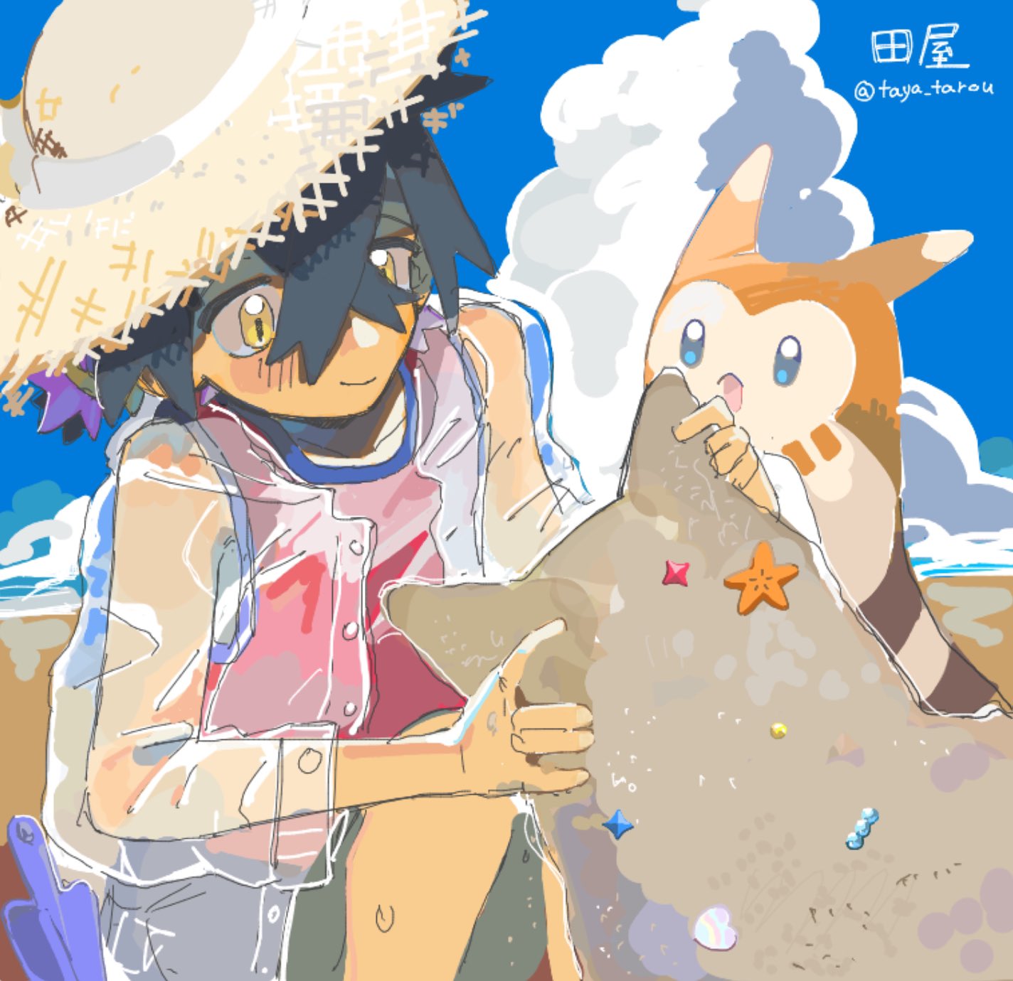 taya tarou, furret, kieran (pokemon), nintendo, pokemon, pokemon sv, commentary request, highres, 1boy, beach, black hair, blue eyes, blush, cloud, crossed bangs, day, gen 2 pokemon, hair between eyes, hat, jacket, male focus, open clothes, open jacket, open mouth, outdoors, pokemon (creature), purple hair, red tank top, sand sculpture, see-through clothes, see-through jacket, sky, smile, starfish, straw hat, tank top, twitter username, yellow eyes