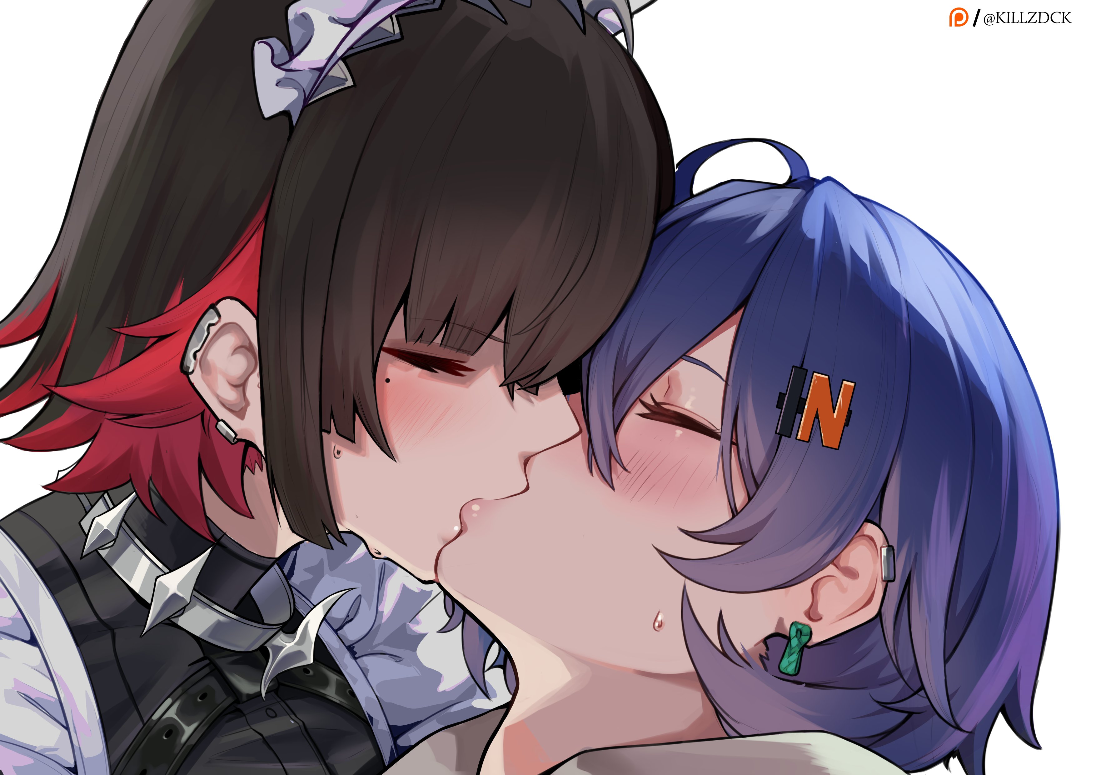 killzdck, belle (zenless zone zero), ellen joe, zenless zone zero, absurdres, highres, 2girls, black hair, blue hair, blush, close-up, closed eyes, french kiss, kiss, maid headdress, mole, mole under eye, multicolored hair, multiple girls, red hair, short hair, simple background, two-tone hair, white background, yuri